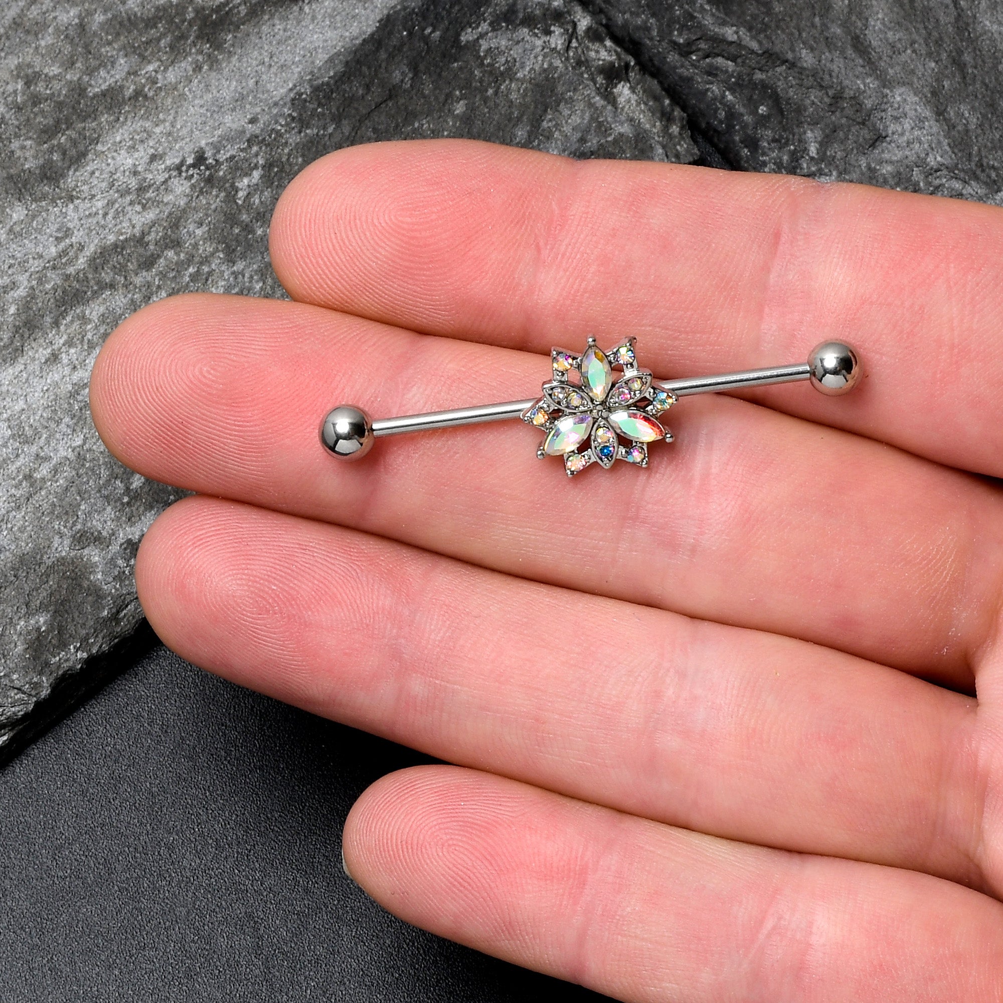 14 Gauge Aurora CZ Gem Snowflake Style Industrial Barbell 38mm