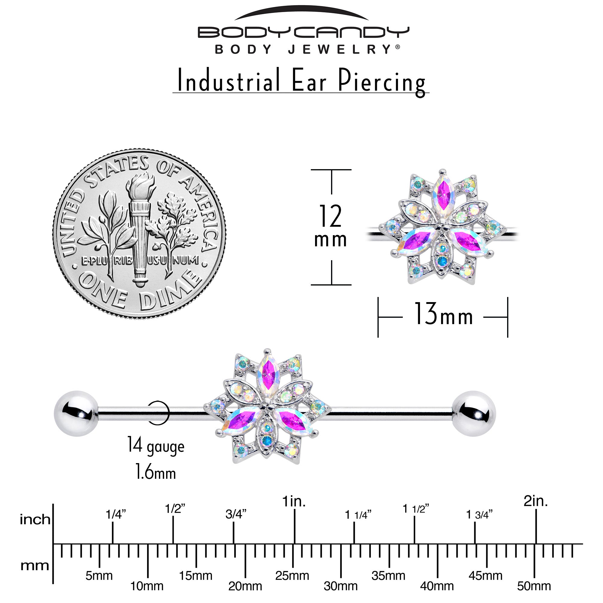 14 Gauge Aurora CZ Gem Snowflake Style Industrial Barbell 38mm