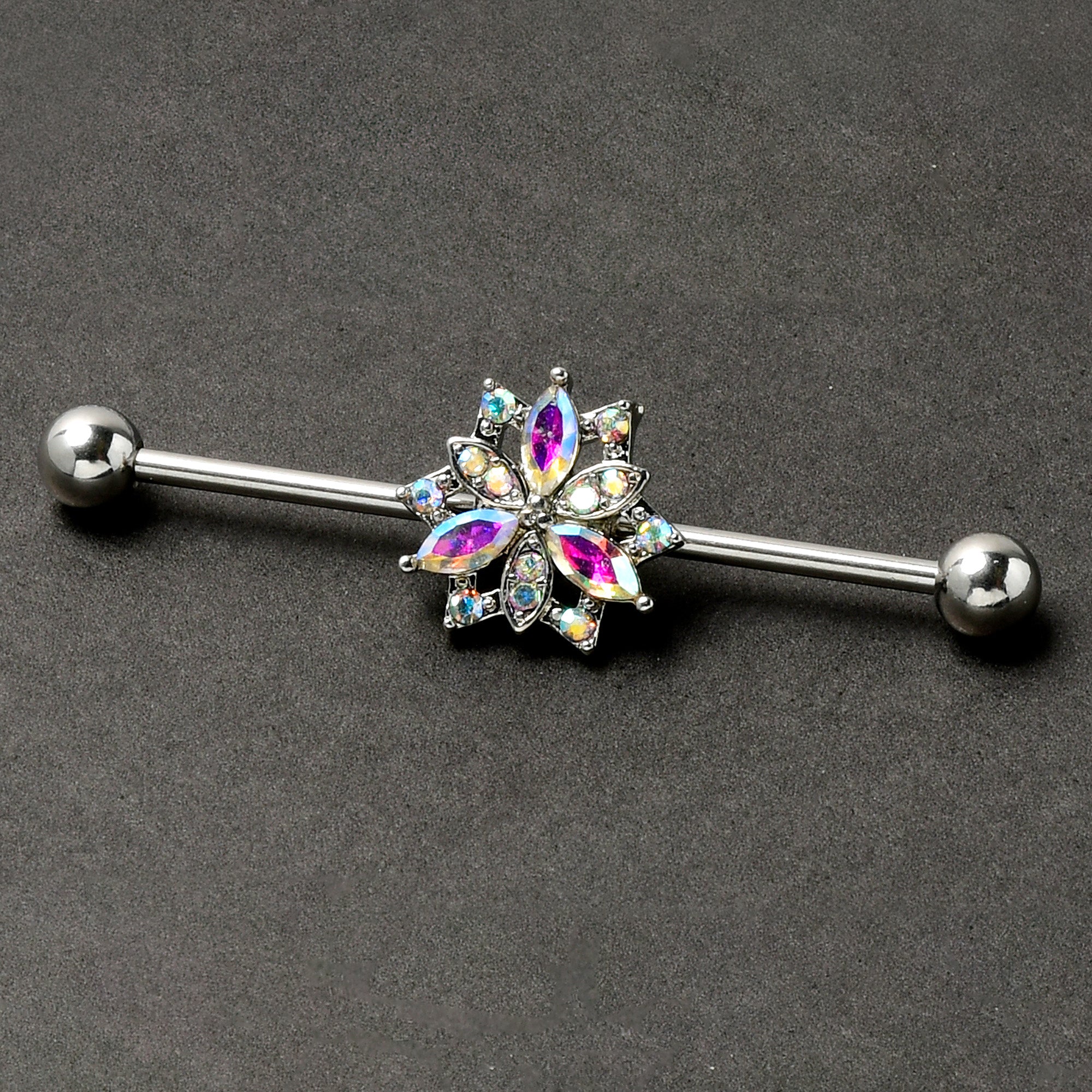 14 Gauge Aurora CZ Gem Snowflake Style Industrial Barbell 38mm