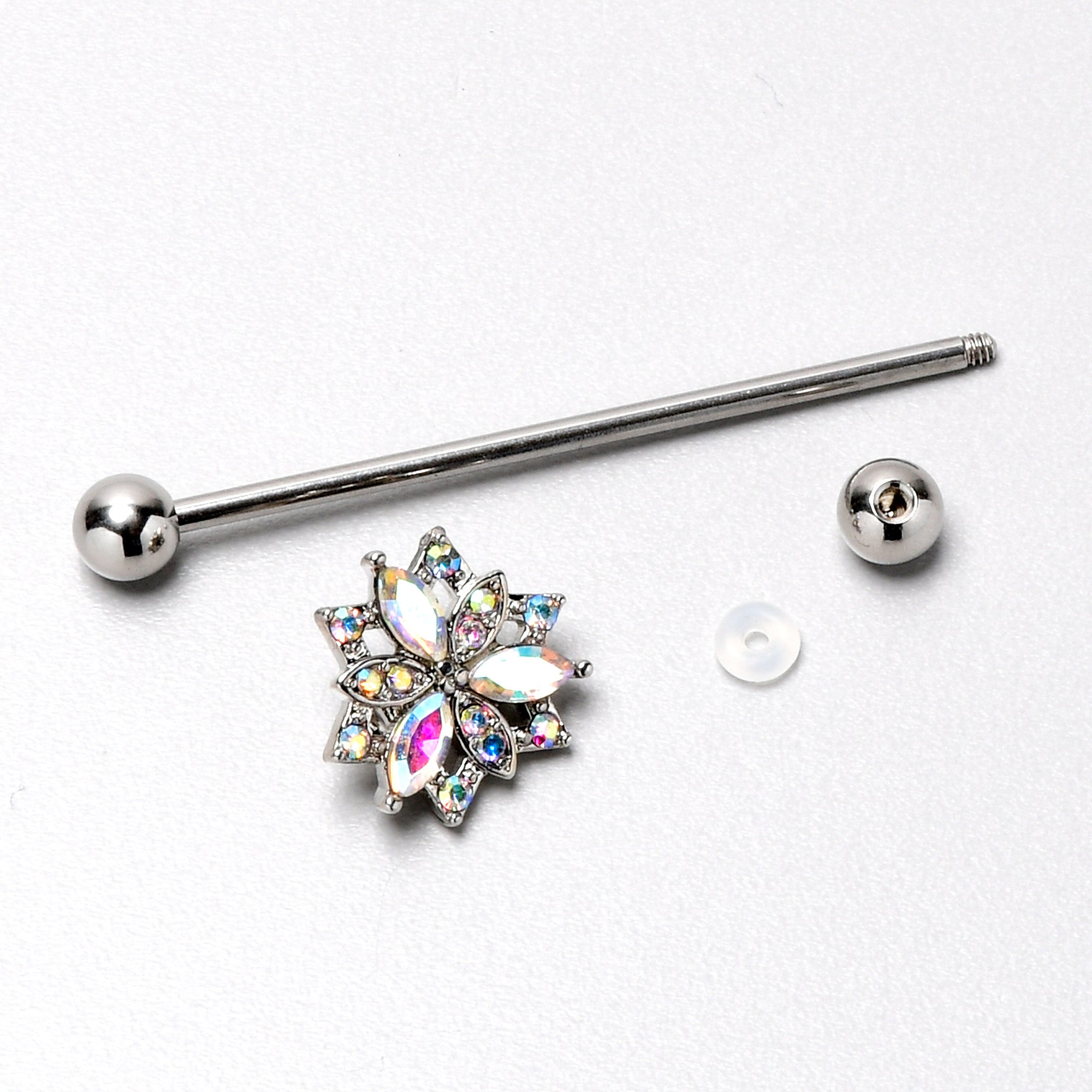 14 Gauge Aurora CZ Gem Snowflake Style Industrial Barbell 38mm