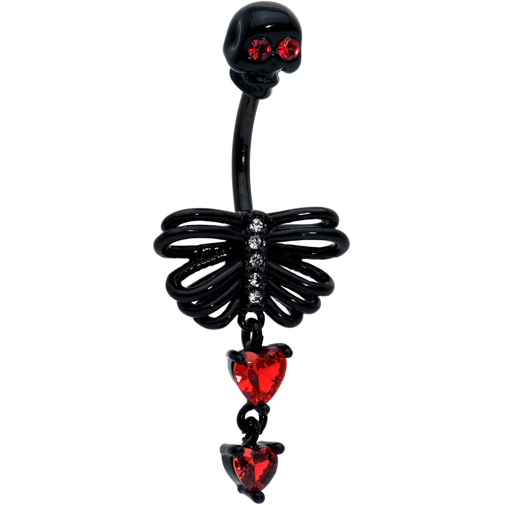 Red CZ Gem Black Skeleton Hearts Gothic Dangle Belly Ring