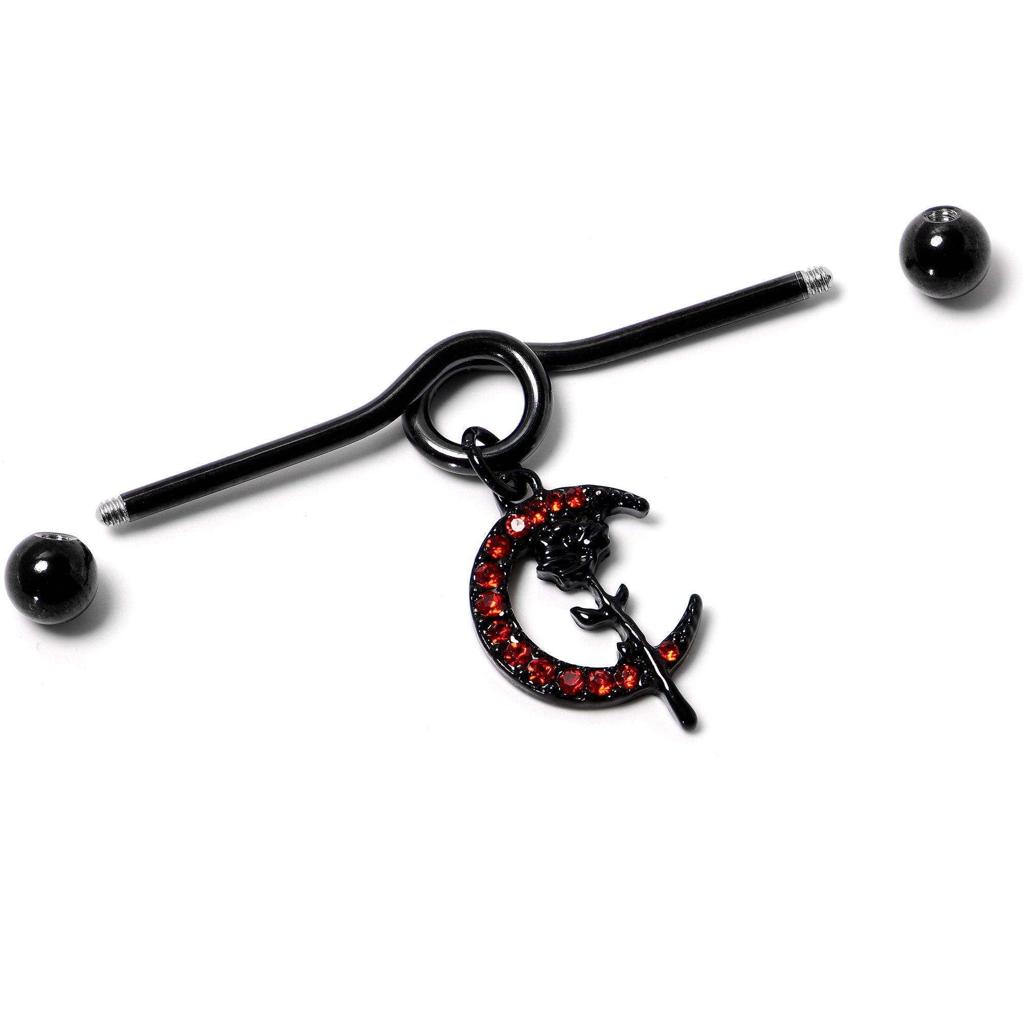 14 Gauge Red CZ Gem Black Moon Rose Flower Dangle Project Bar 38mm