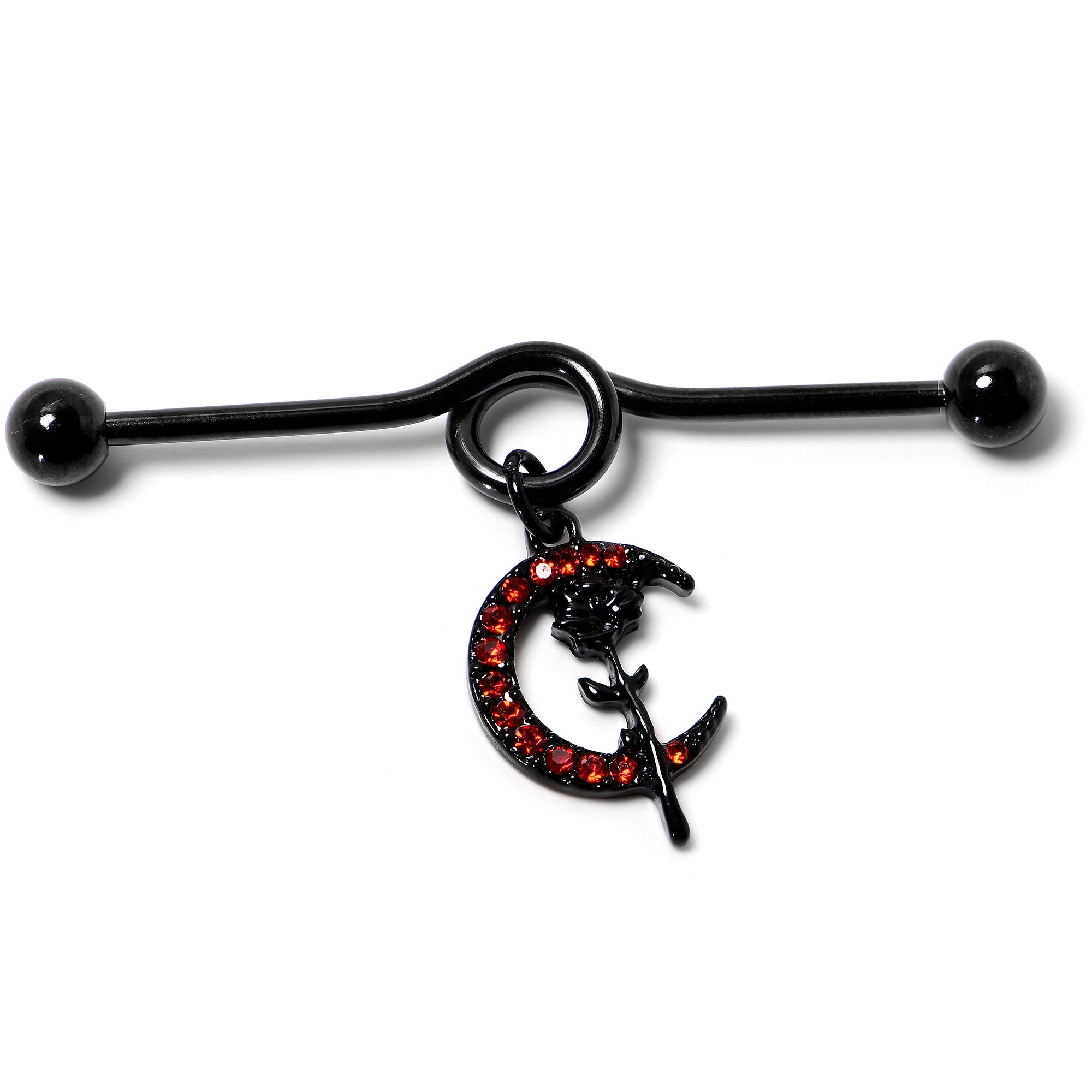 14 Gauge Red CZ Gem Black Moon Rose Flower Dangle Project Bar 38mm