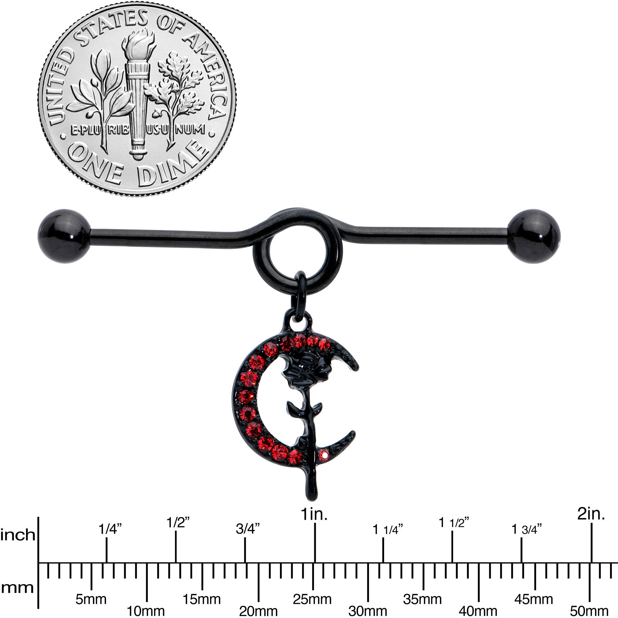 14 Gauge Red CZ Gem Black Moon Rose Flower Dangle Project Bar 38mm