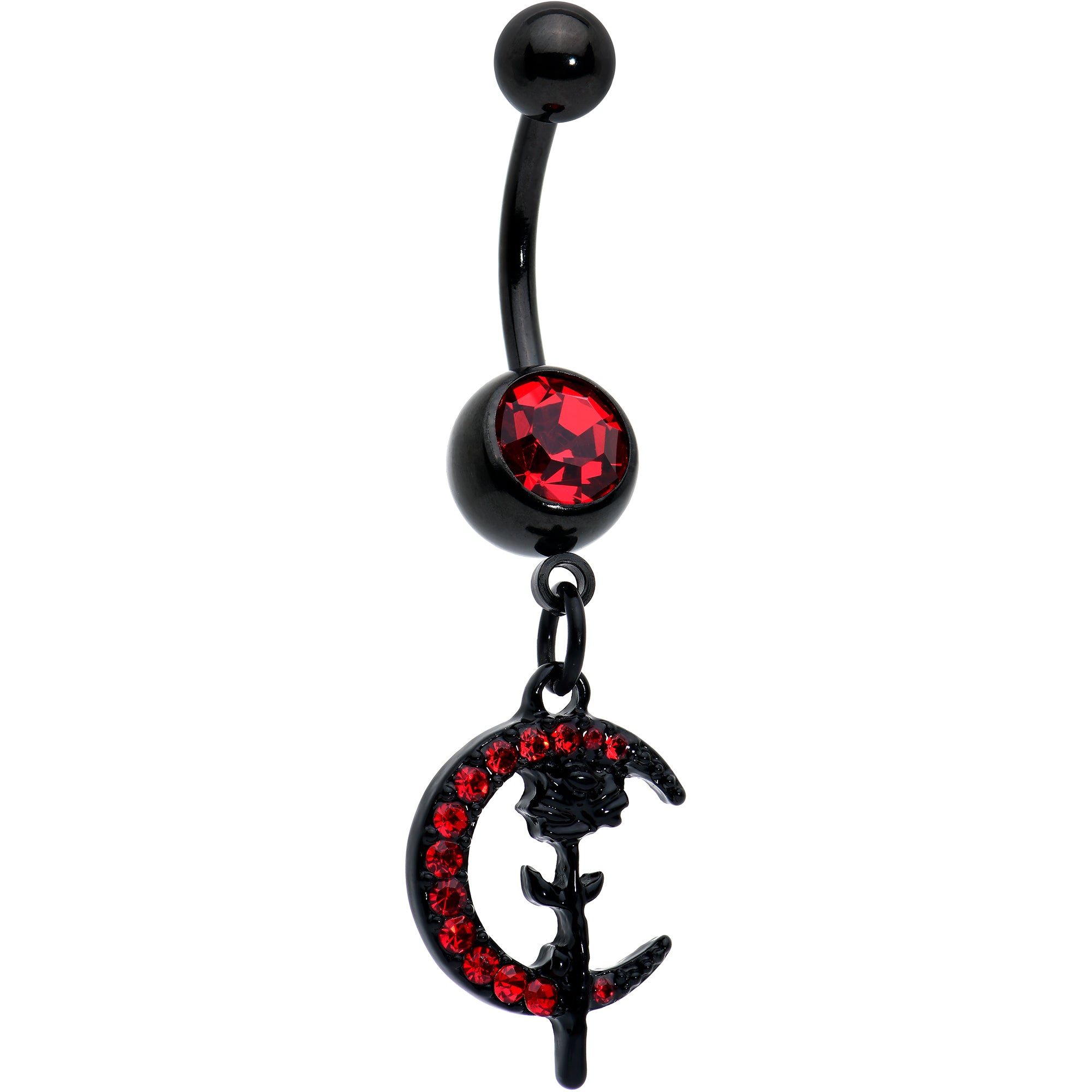 Red CZ Gem Black Moon Rose Flower Gothic Dangle Belly Ring