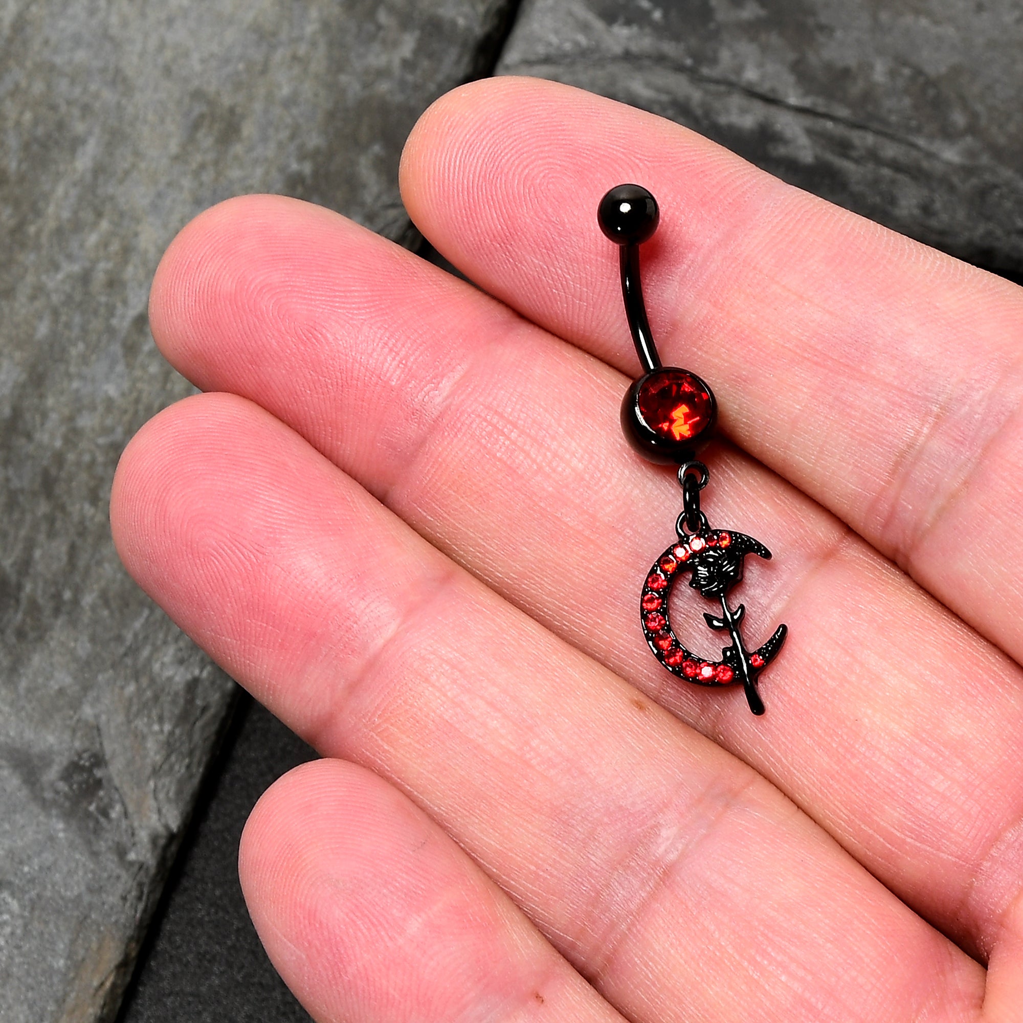 Red CZ Gem Black Moon Rose Flower Gothic Dangle Belly Ring