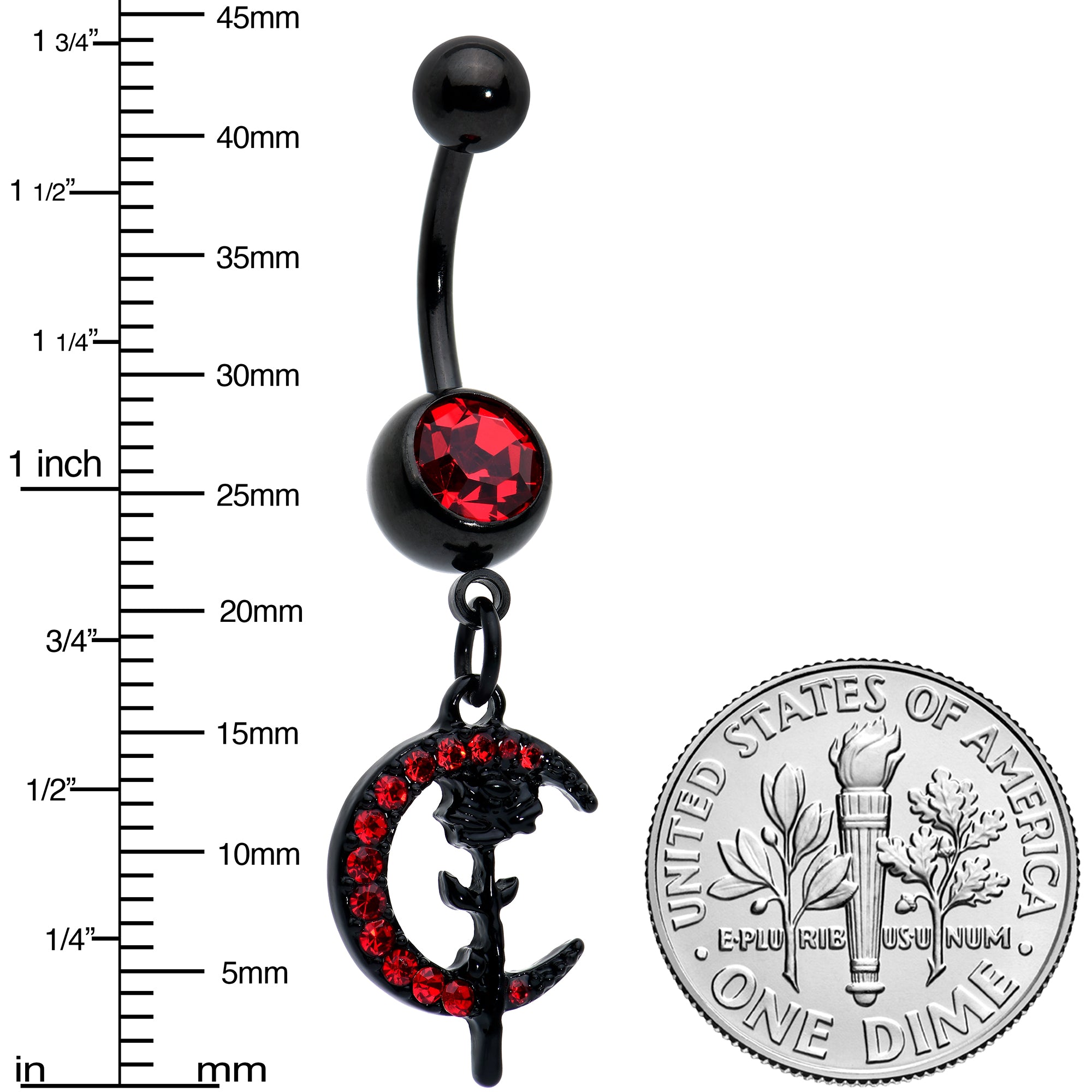 Red CZ Gem Black Moon Rose Flower Gothic Dangle Belly Ring