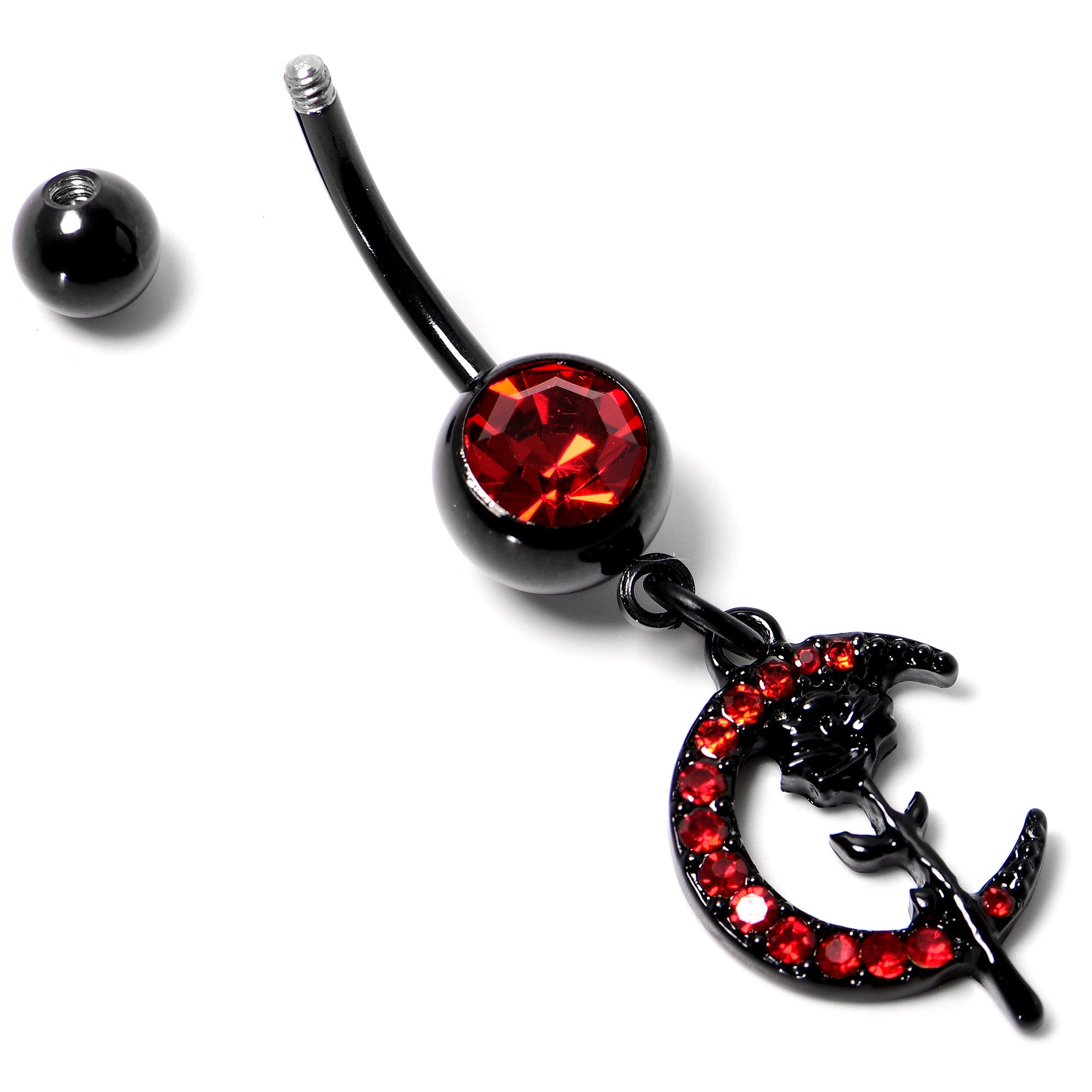 Red CZ Gem Black Moon Rose Flower Gothic Dangle Belly Ring