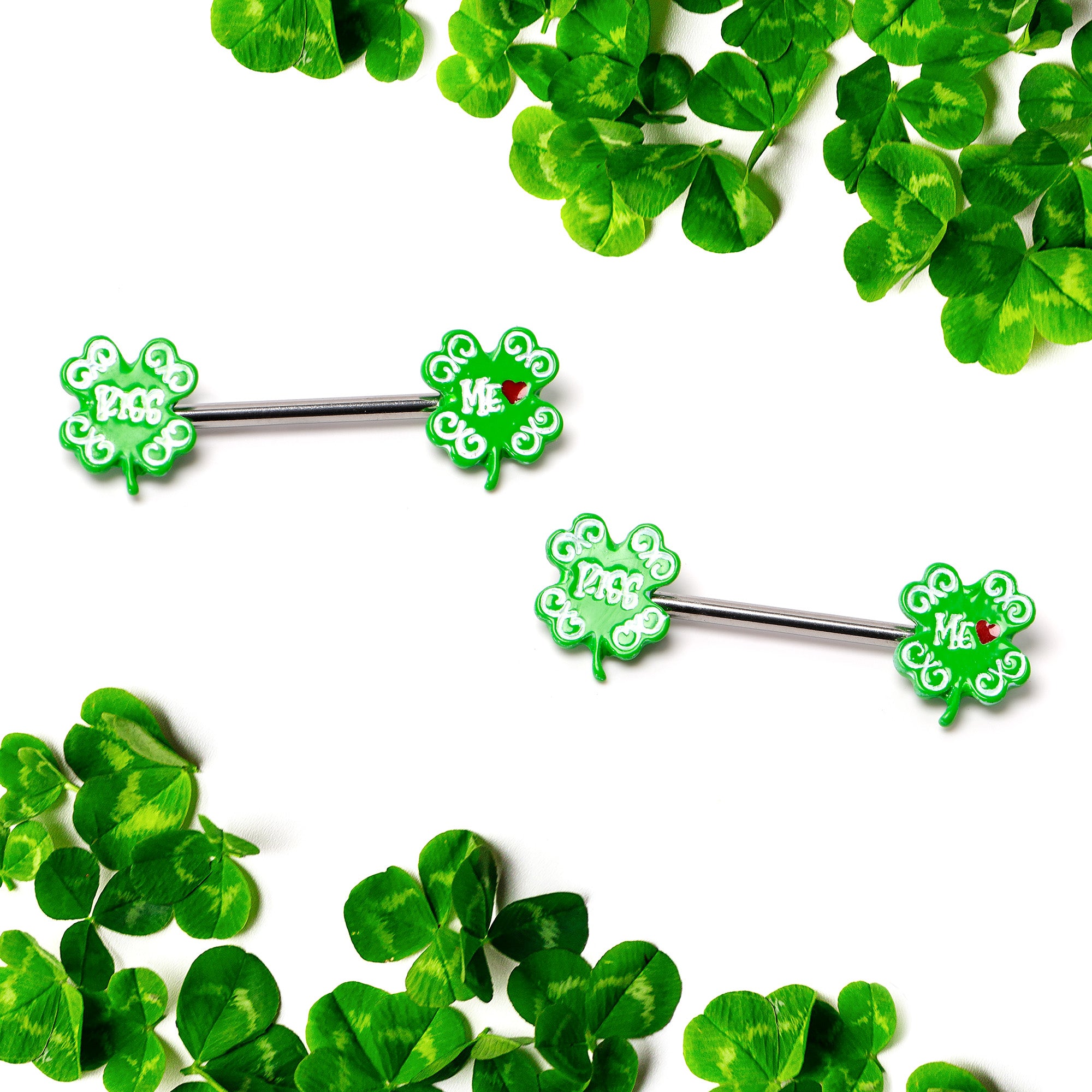 14 Gauge 9/16 Kiss Me Shamrock St Patricks Barbell Nipple Ring Set