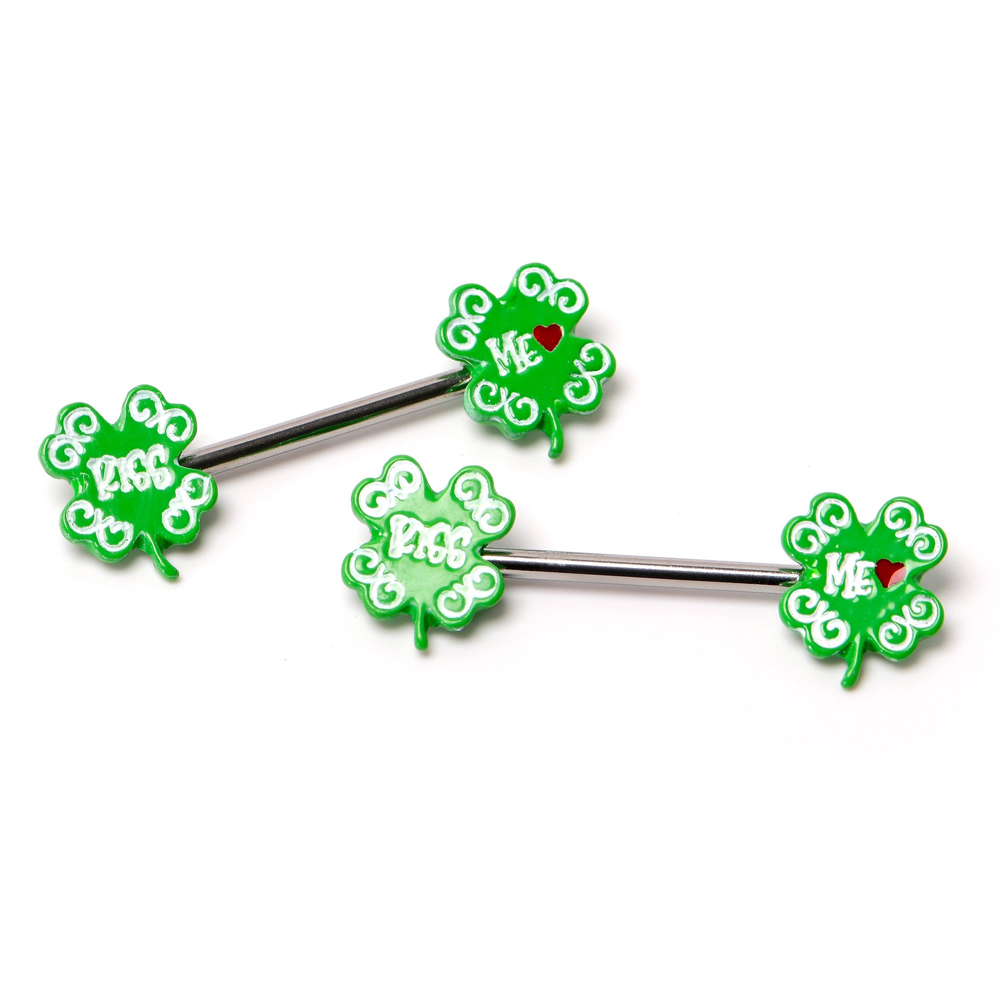 14 Gauge 9/16 Kiss Me Shamrock St Patricks Barbell Nipple Ring Set