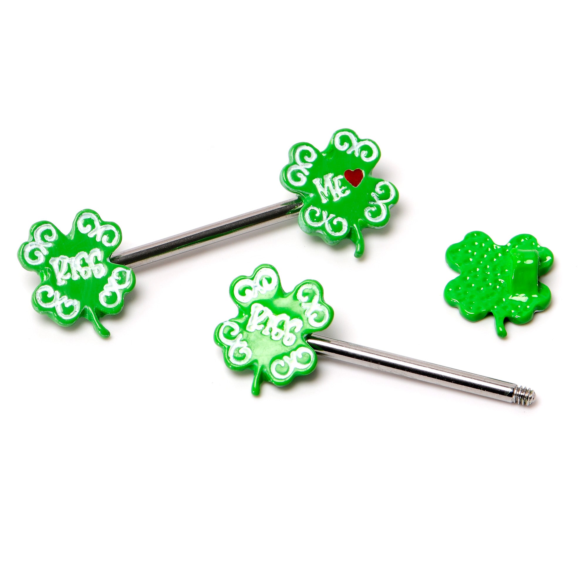 14 Gauge 9/16 Kiss Me Shamrock St Patricks Barbell Nipple Ring Set