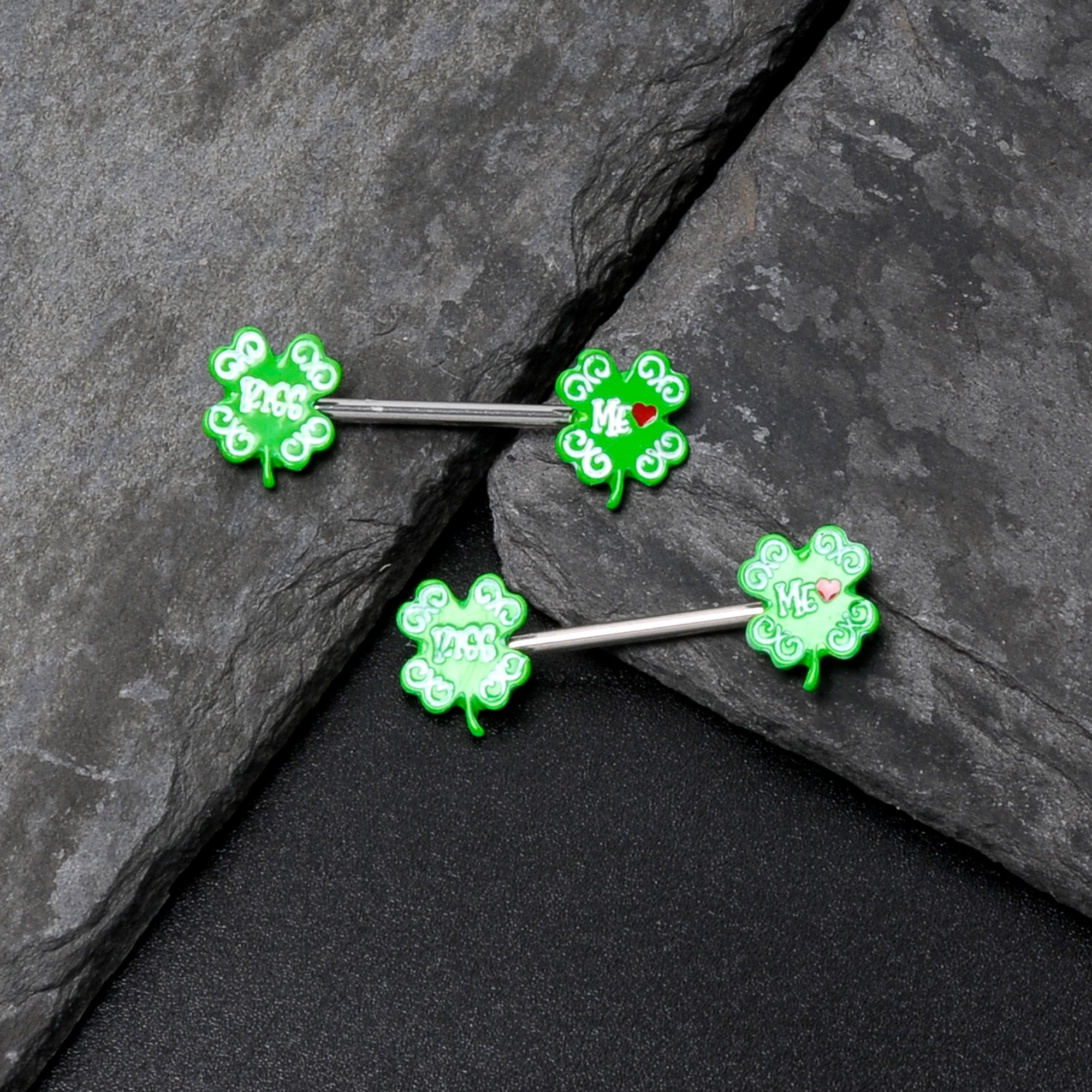 14 Gauge 9/16 Kiss Me Shamrock St Patricks Barbell Nipple Ring Set