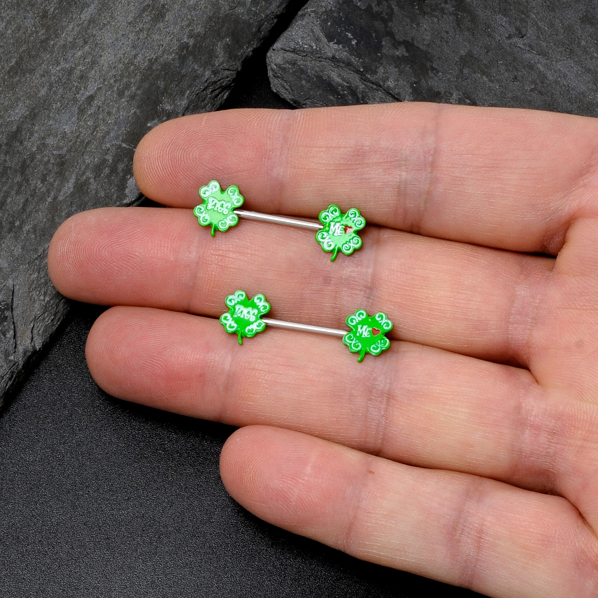 14 Gauge 9/16 Kiss Me Shamrock St Patricks Barbell Nipple Ring Set