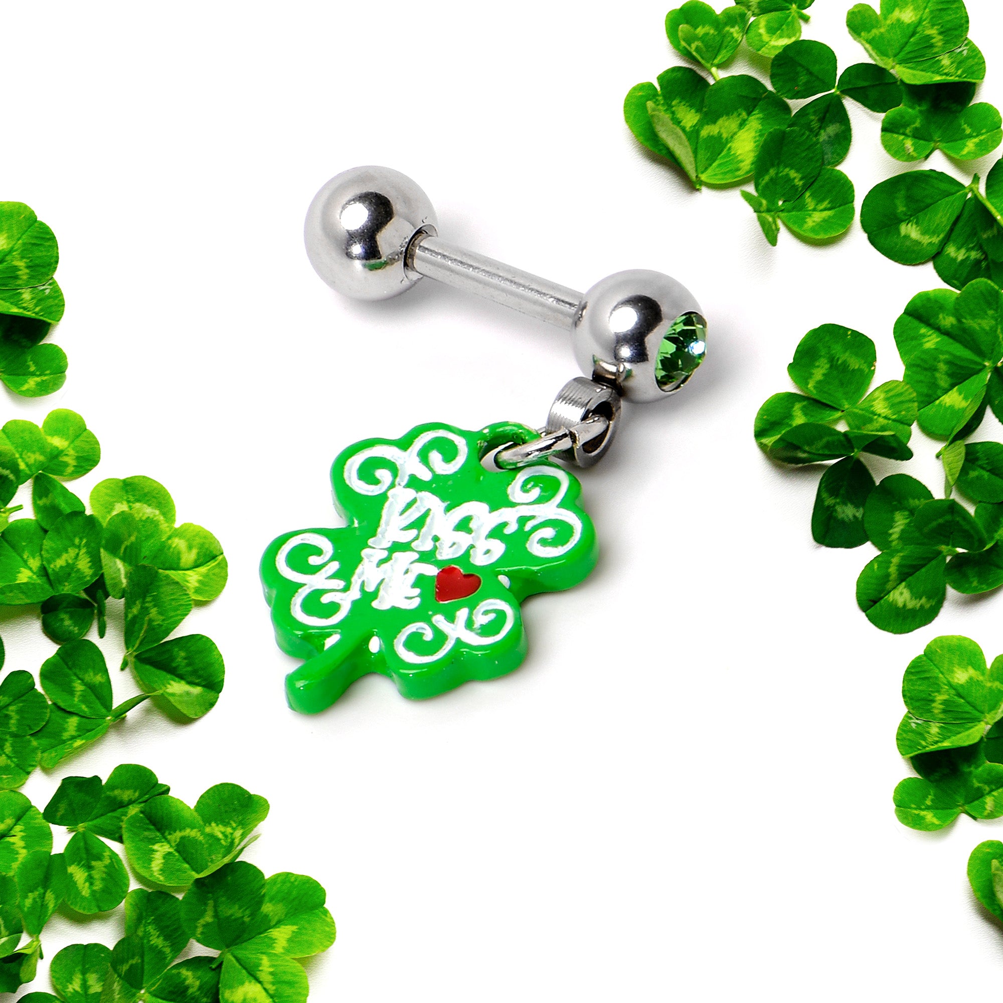 16 Gauge 1/4 Green Gem Kiss Me Shamrock St Patricks Cartilage Earring