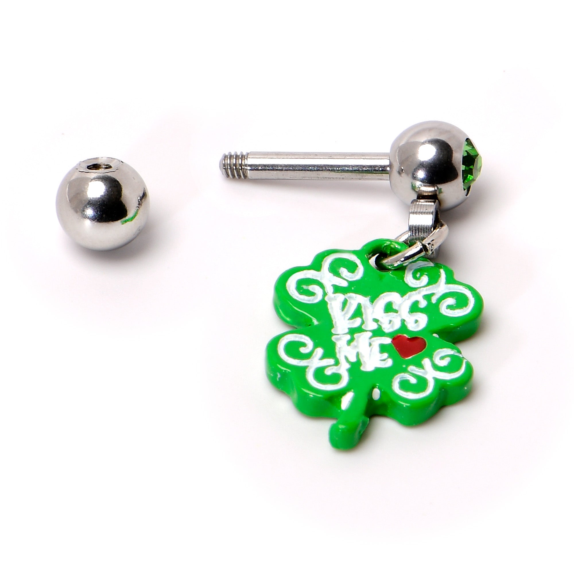 16 Gauge 1/4 Green Gem Kiss Me Shamrock St Patricks Cartilage Earring