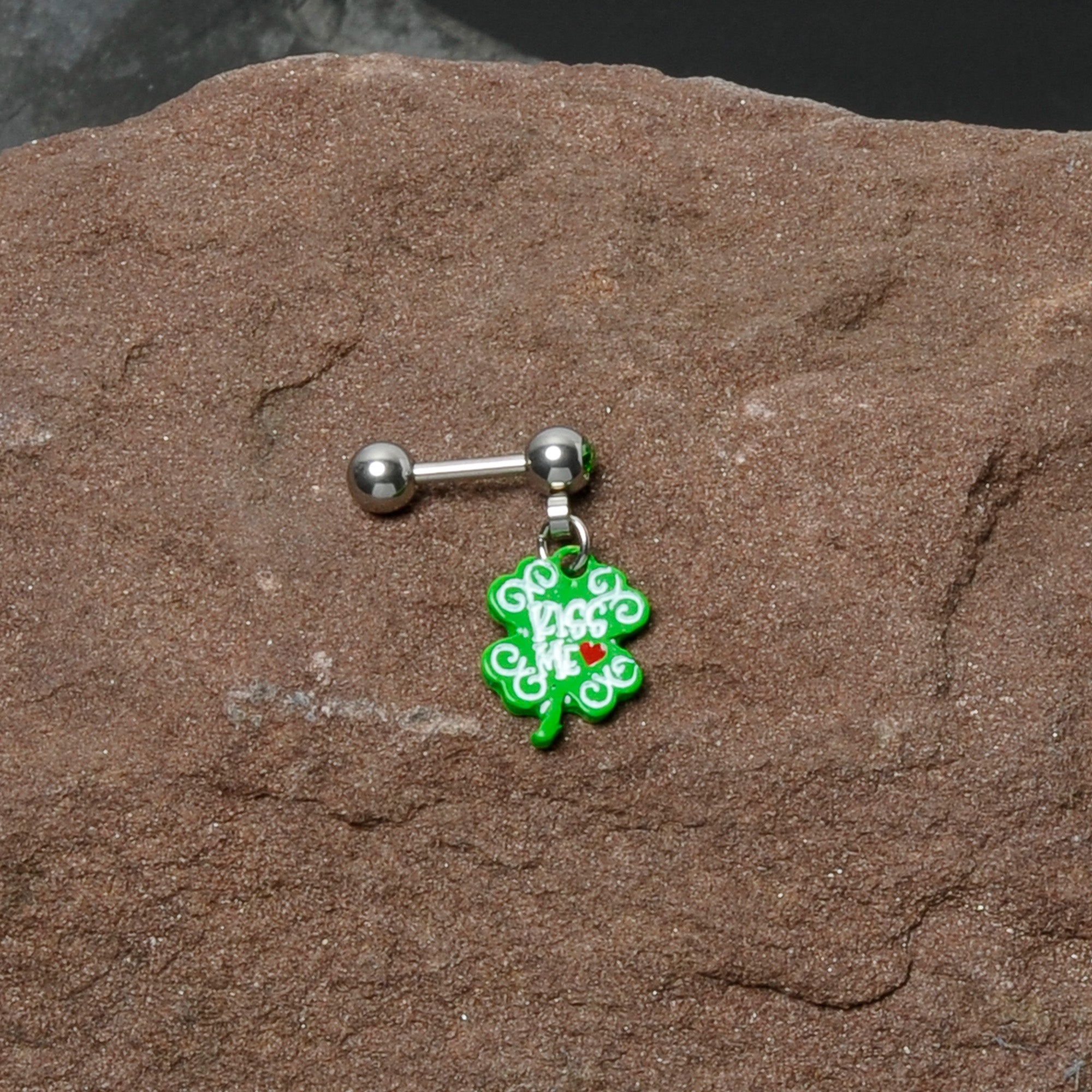 16 Gauge 1/4 Green Gem Kiss Me Shamrock St Patricks Cartilage Earring