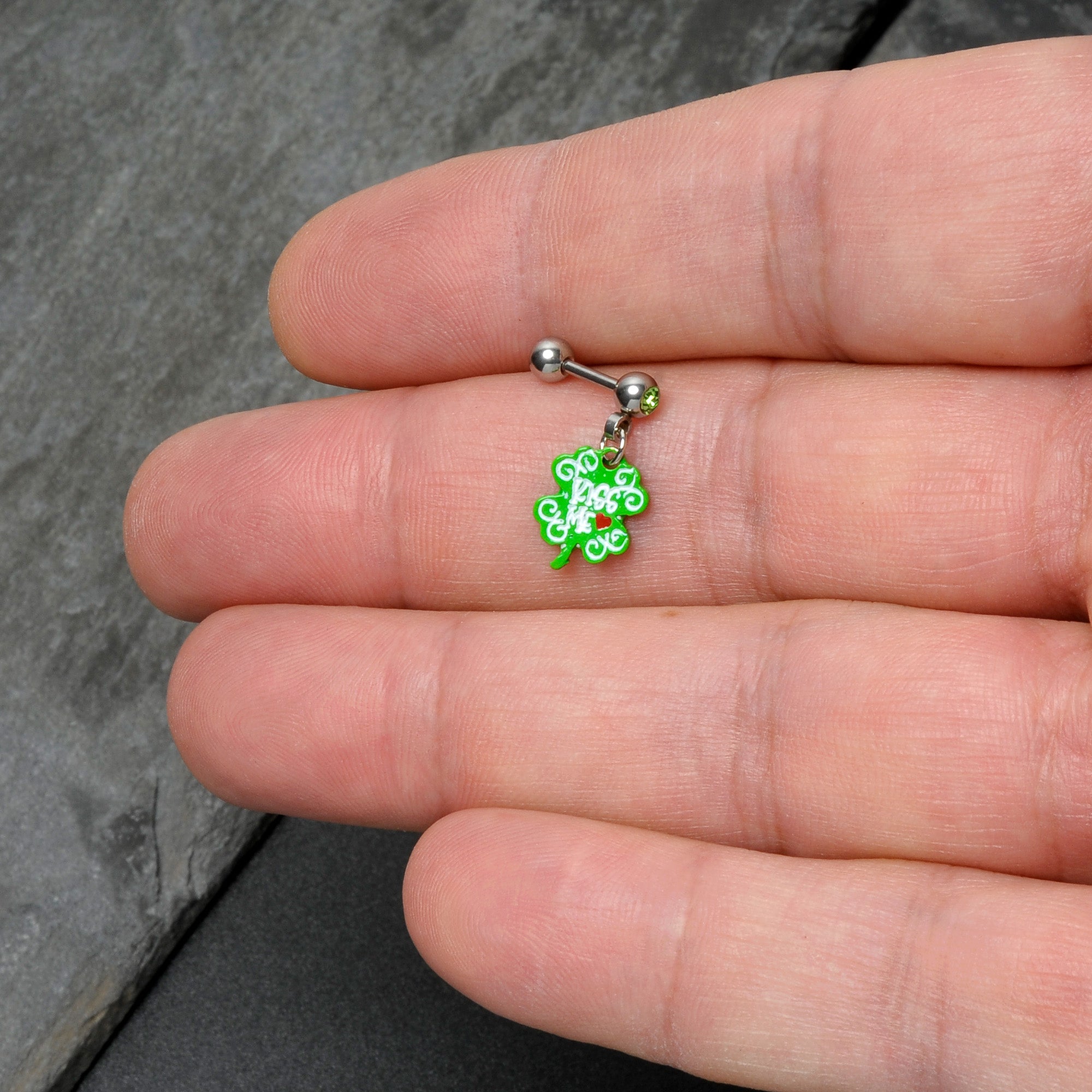 16 Gauge 1/4 Green Gem Kiss Me Shamrock St Patricks Cartilage Earring