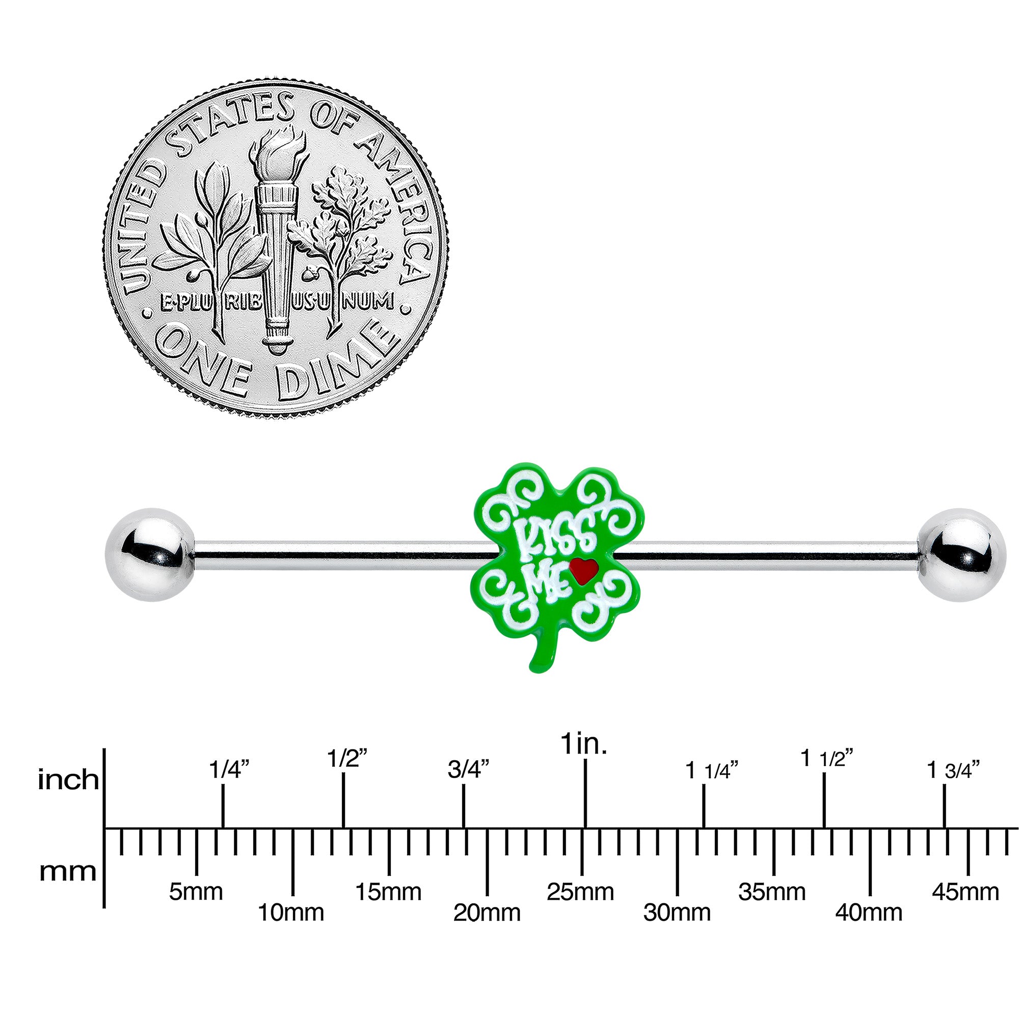 14 Gauge Kiss Me Shamrock St Patricks Industrial Barbell 38mm