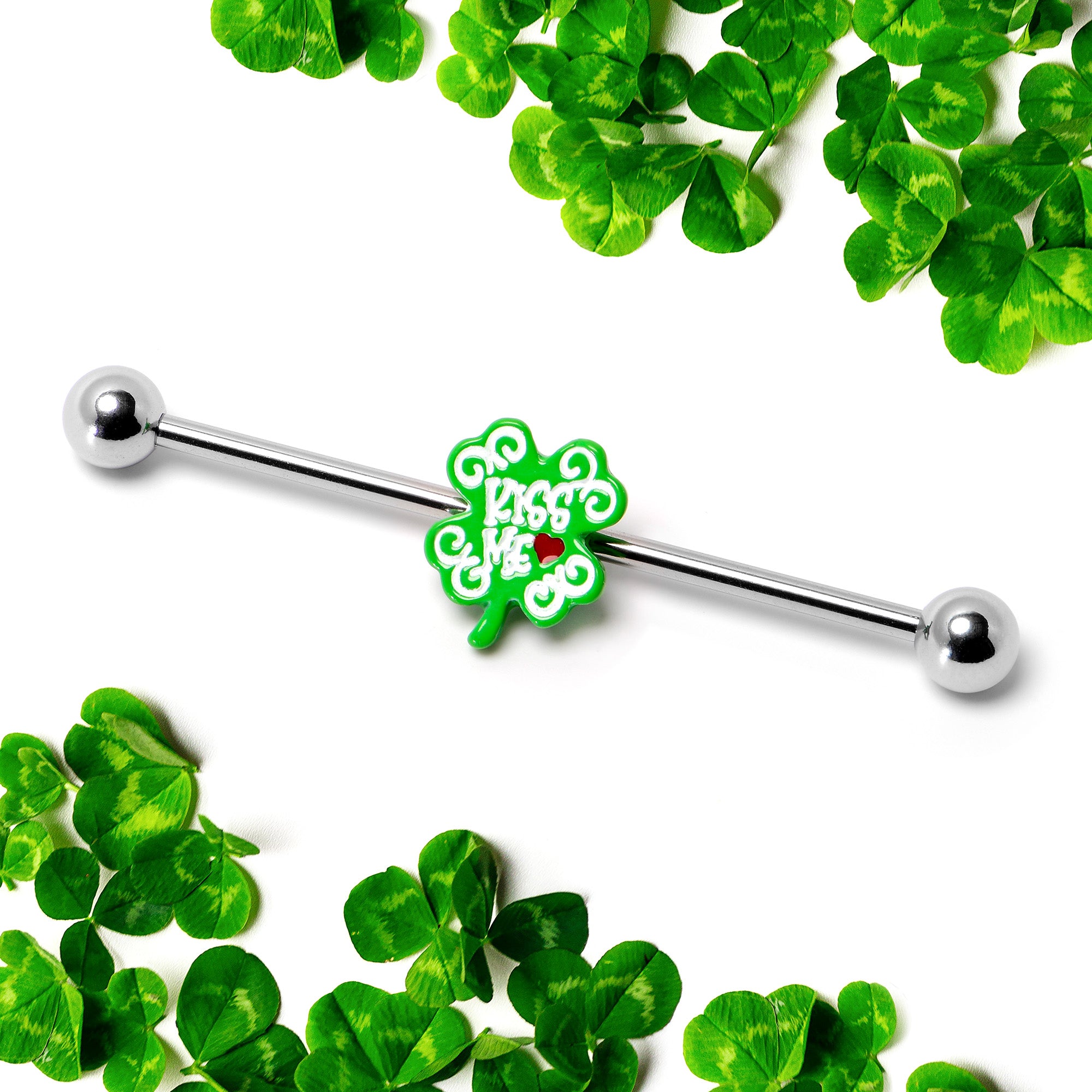 14 Gauge Kiss Me Shamrock St Patricks Industrial Barbell 38mm