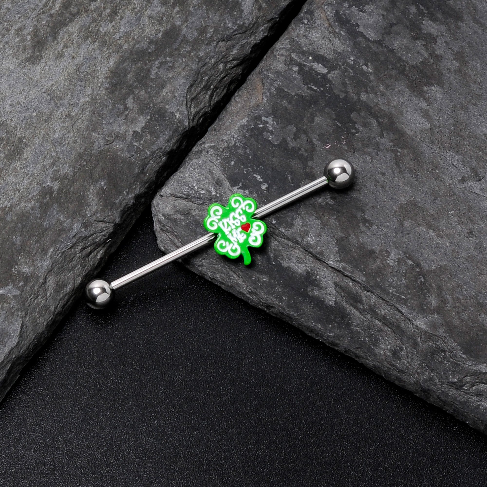 14 Gauge Kiss Me Shamrock St Patricks Industrial Barbell 38mm