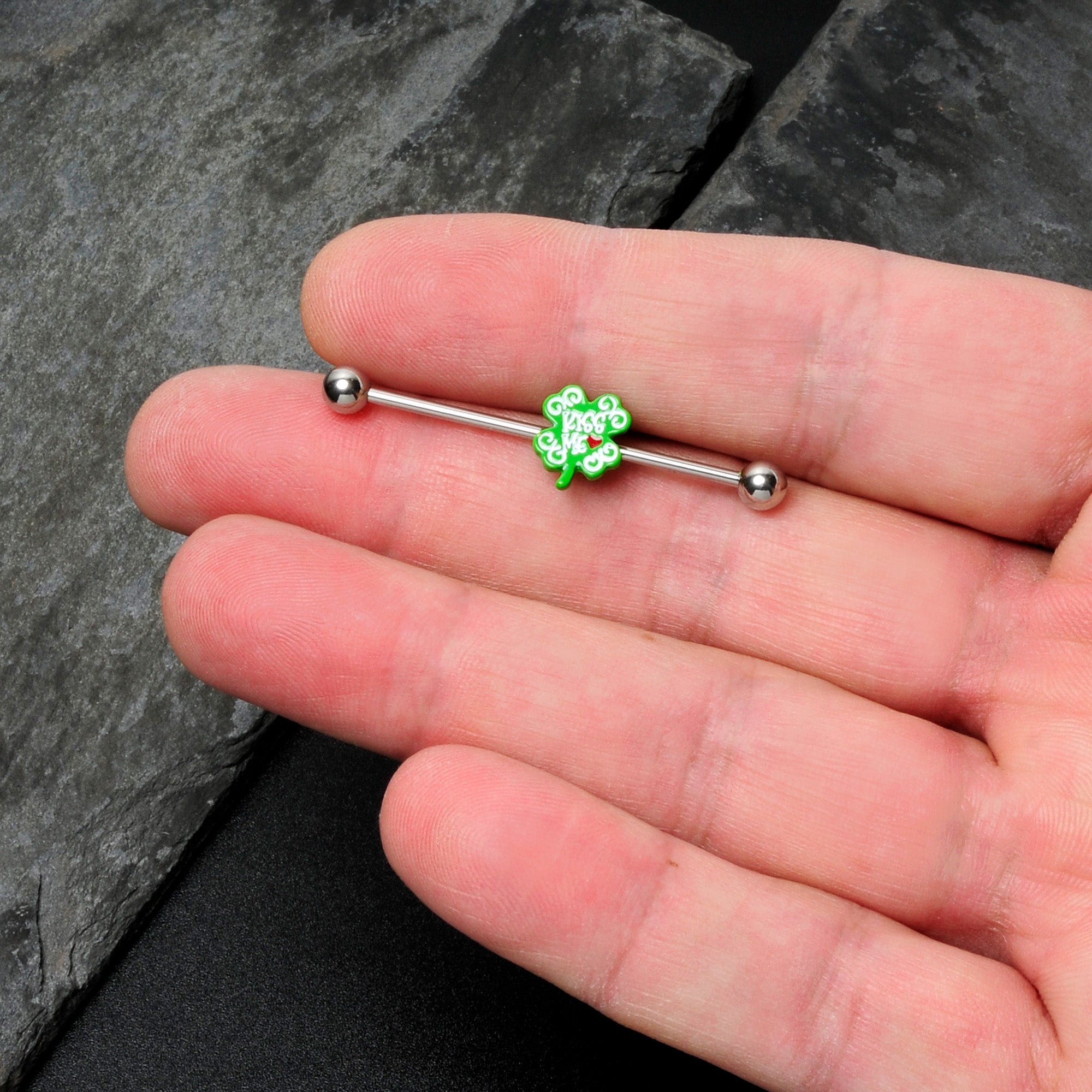 14 Gauge Kiss Me Shamrock St Patricks Industrial Barbell 38mm