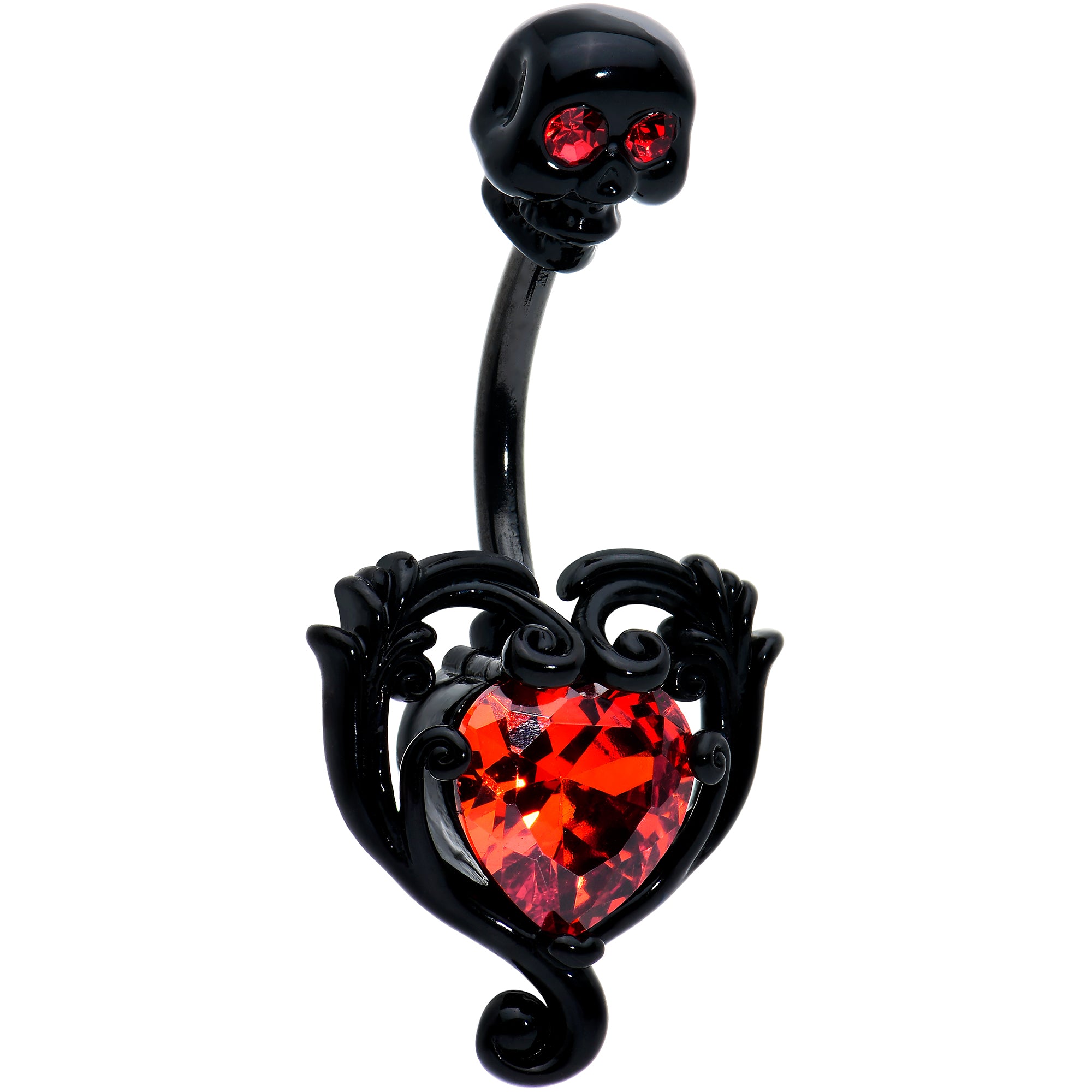 Red CZ Gem Black Passion Heart Skull Double Mount Belly Ring