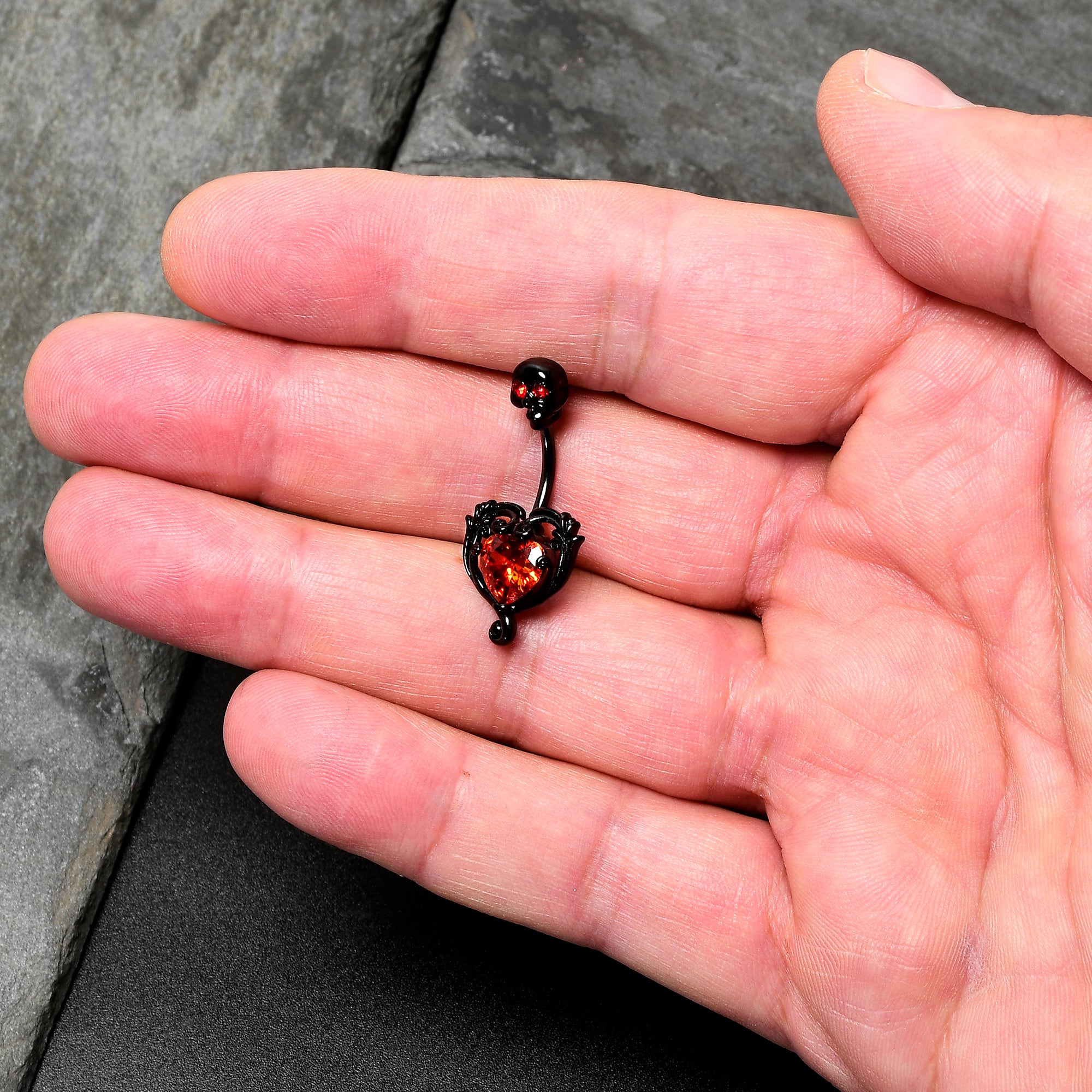 Red CZ Gem Black Passion Heart Skull Double Mount Belly Ring