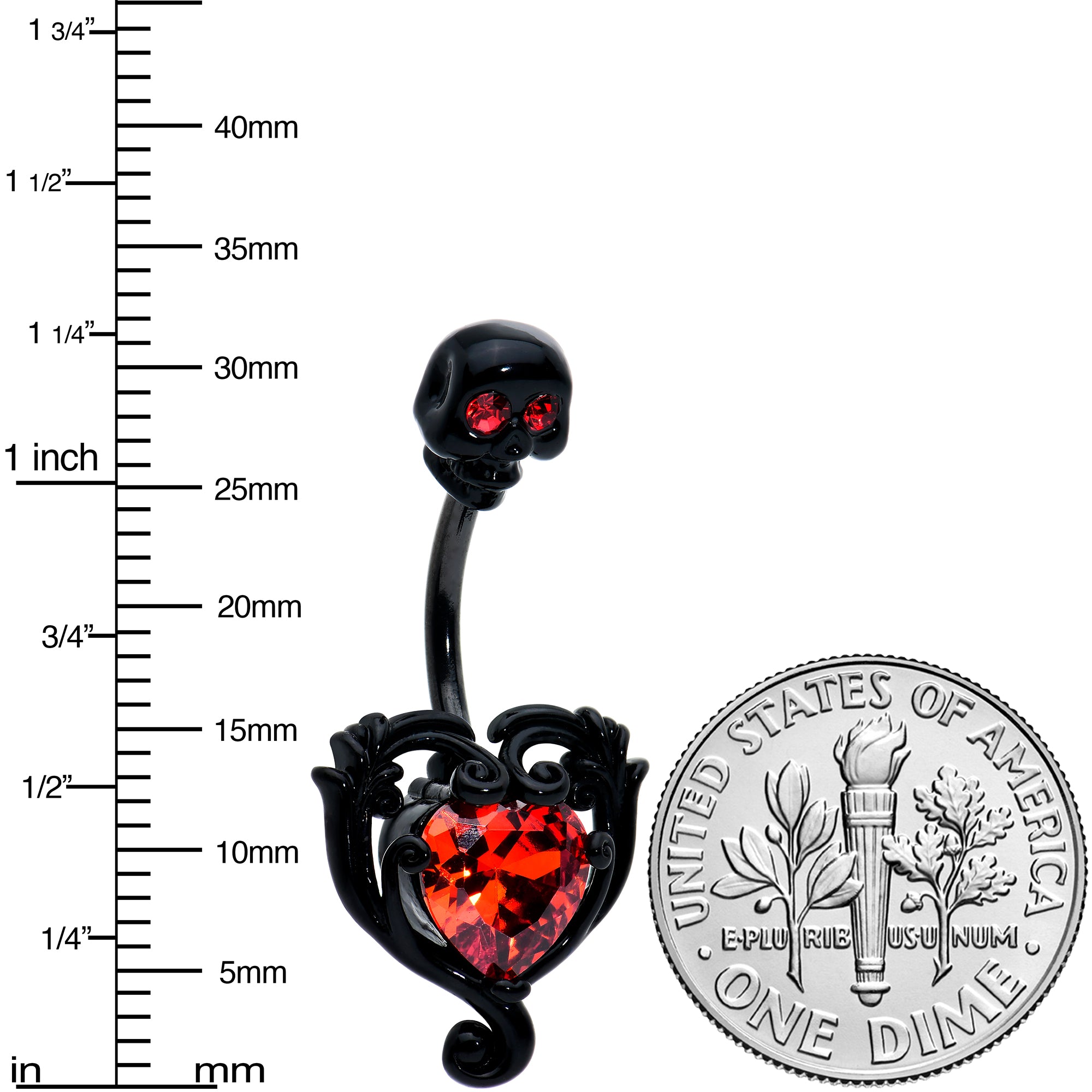 Red CZ Gem Black Passion Heart Skull Double Mount Belly Ring