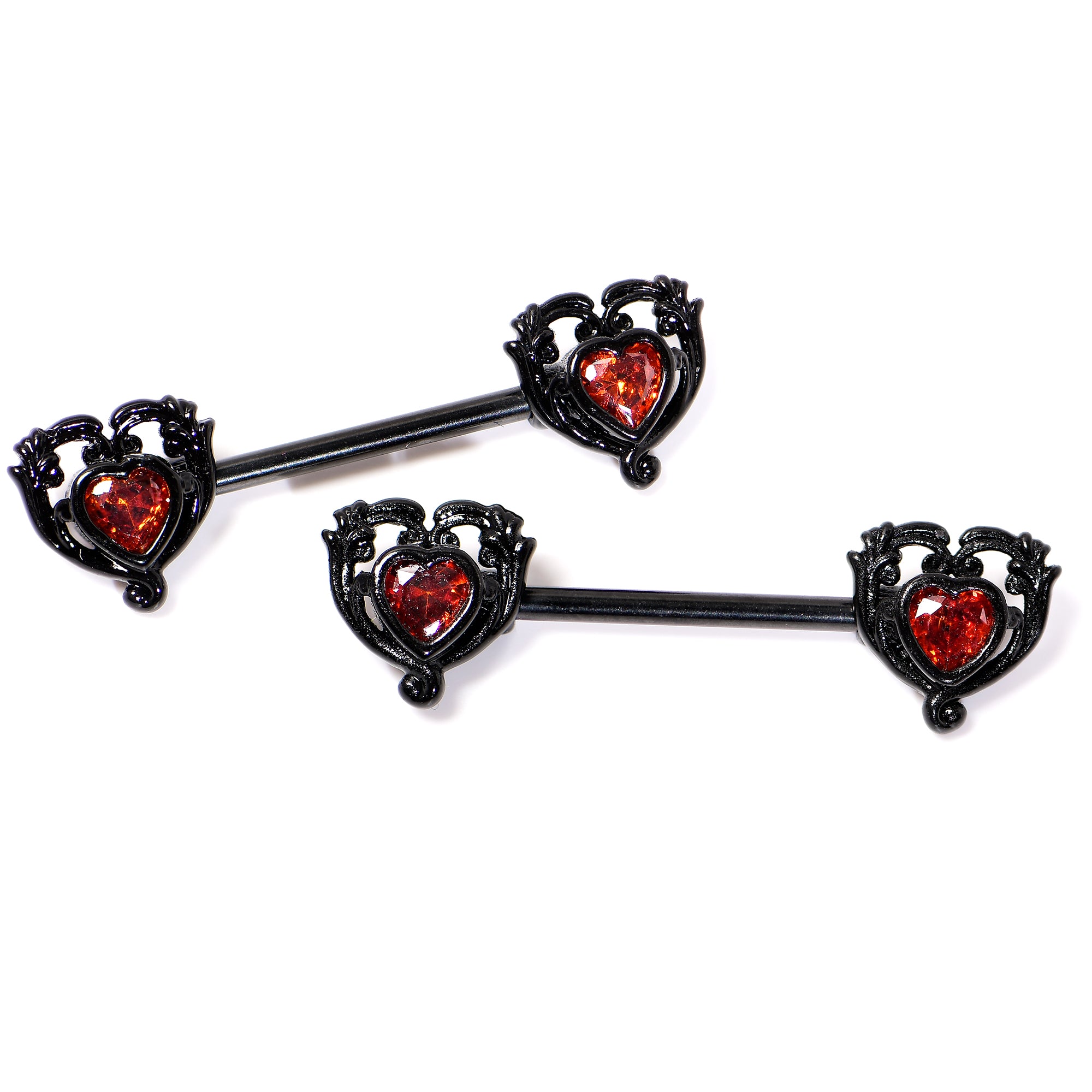 14 Gauge 9/16 Red CZ Gem Black Passion Heart Barbell Nipple Ring Set