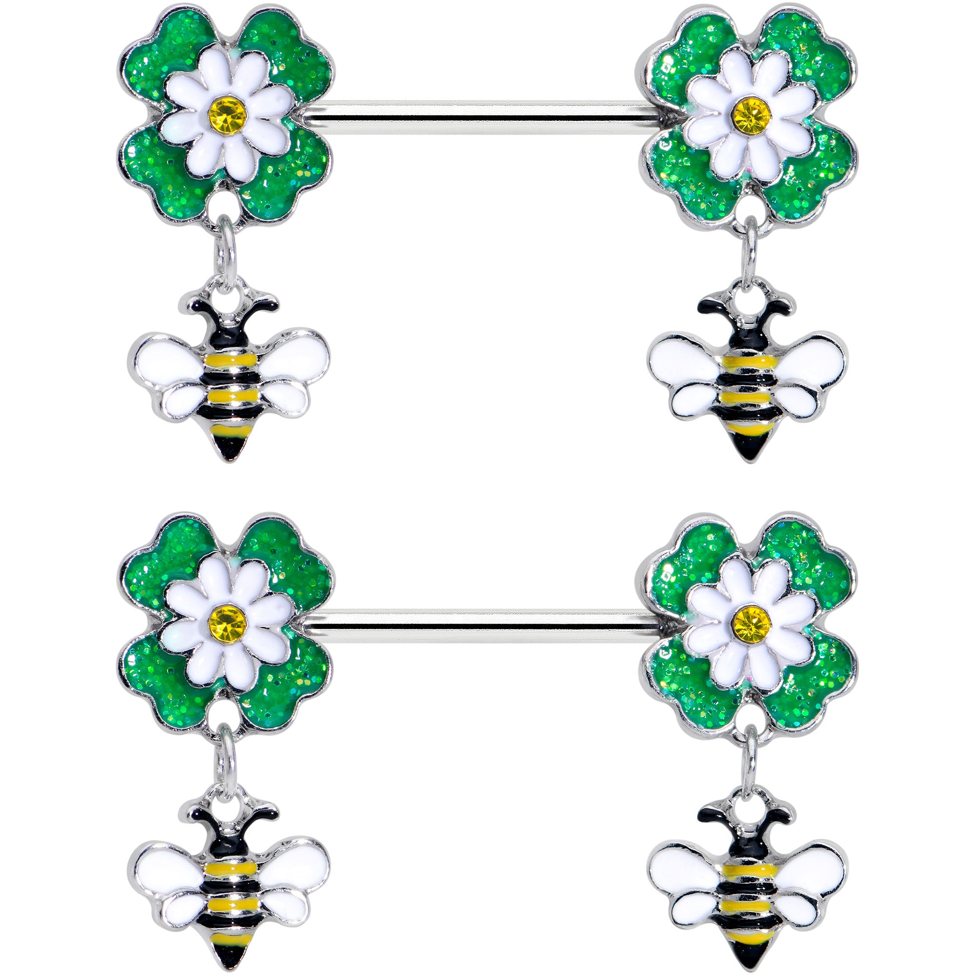 14 Gauge 9/16 Yellow Gem Daisy Bee Glittery Barbell Nipple Ring Set