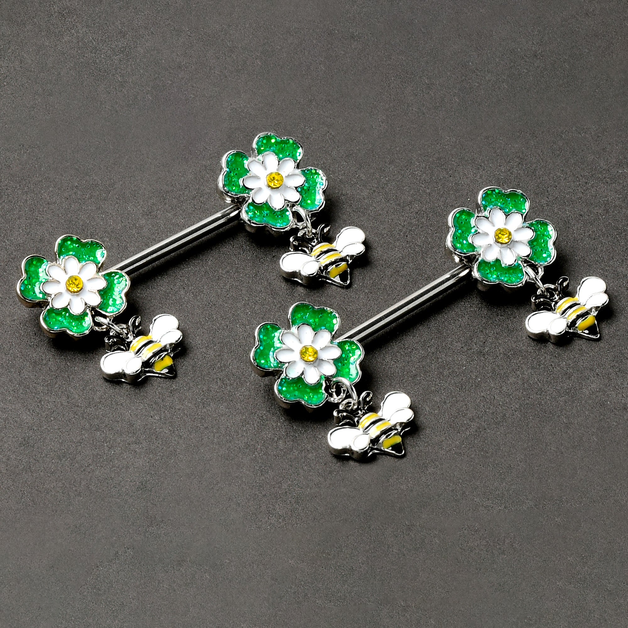 14 Gauge 9/16 Yellow Gem Daisy Bee Glittery Barbell Nipple Ring Set