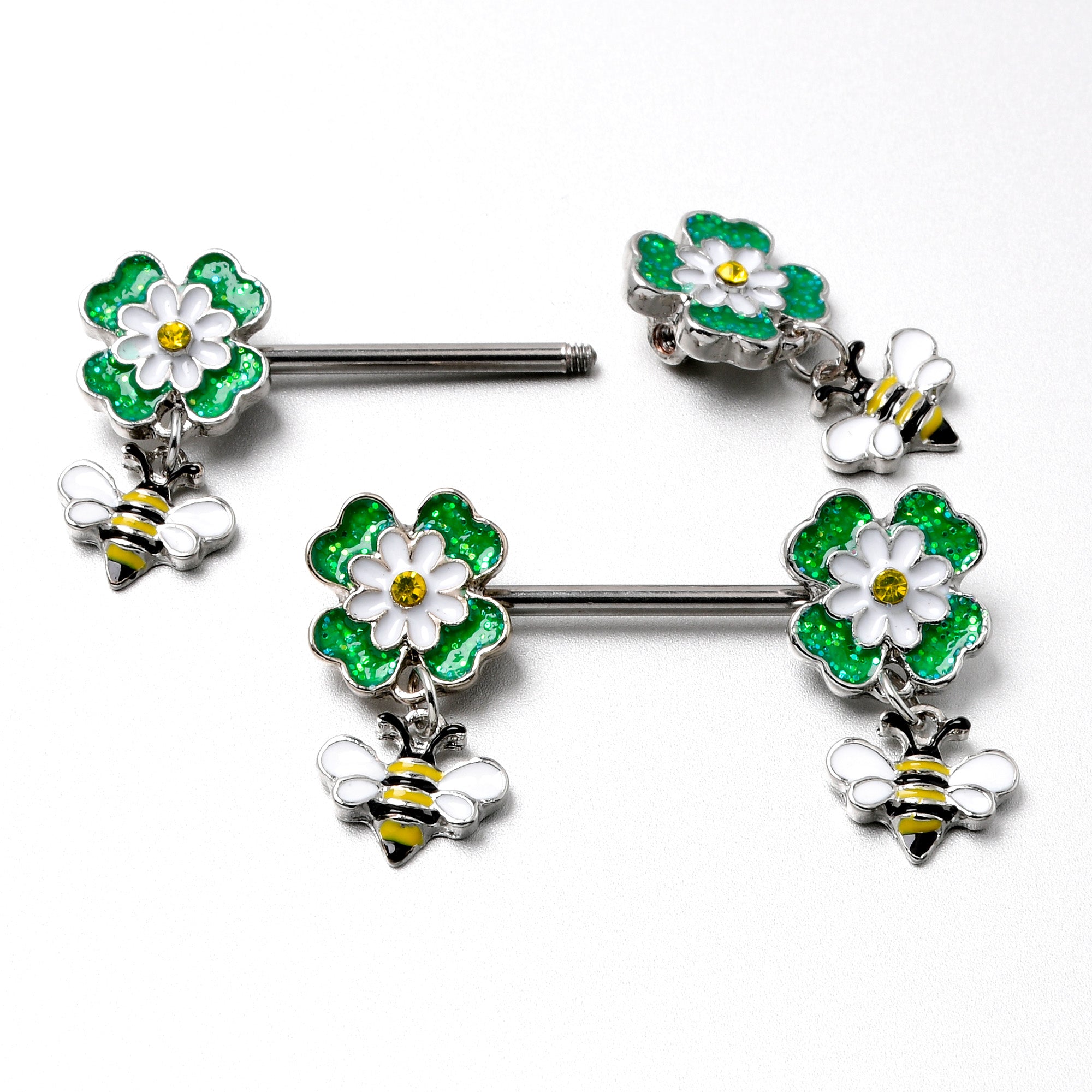 14 Gauge 9/16 Yellow Gem Daisy Bee Glittery Barbell Nipple Ring Set