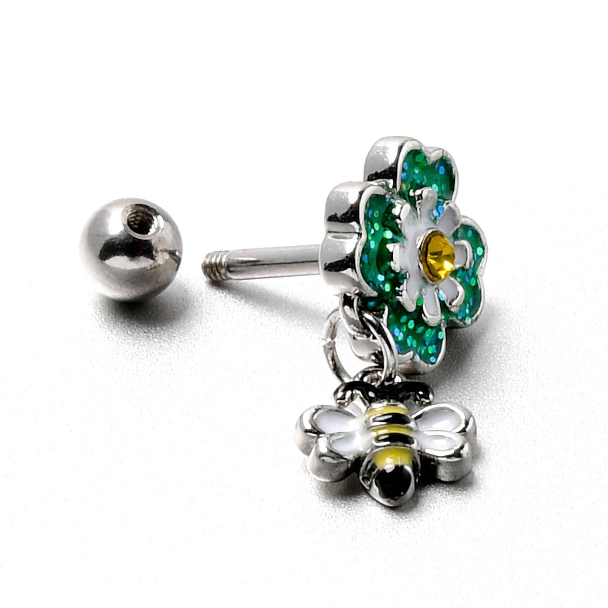 16 Gauge 1/4 Yellow Gem Daisy Bee Glittery Cartilage Tragus Earring