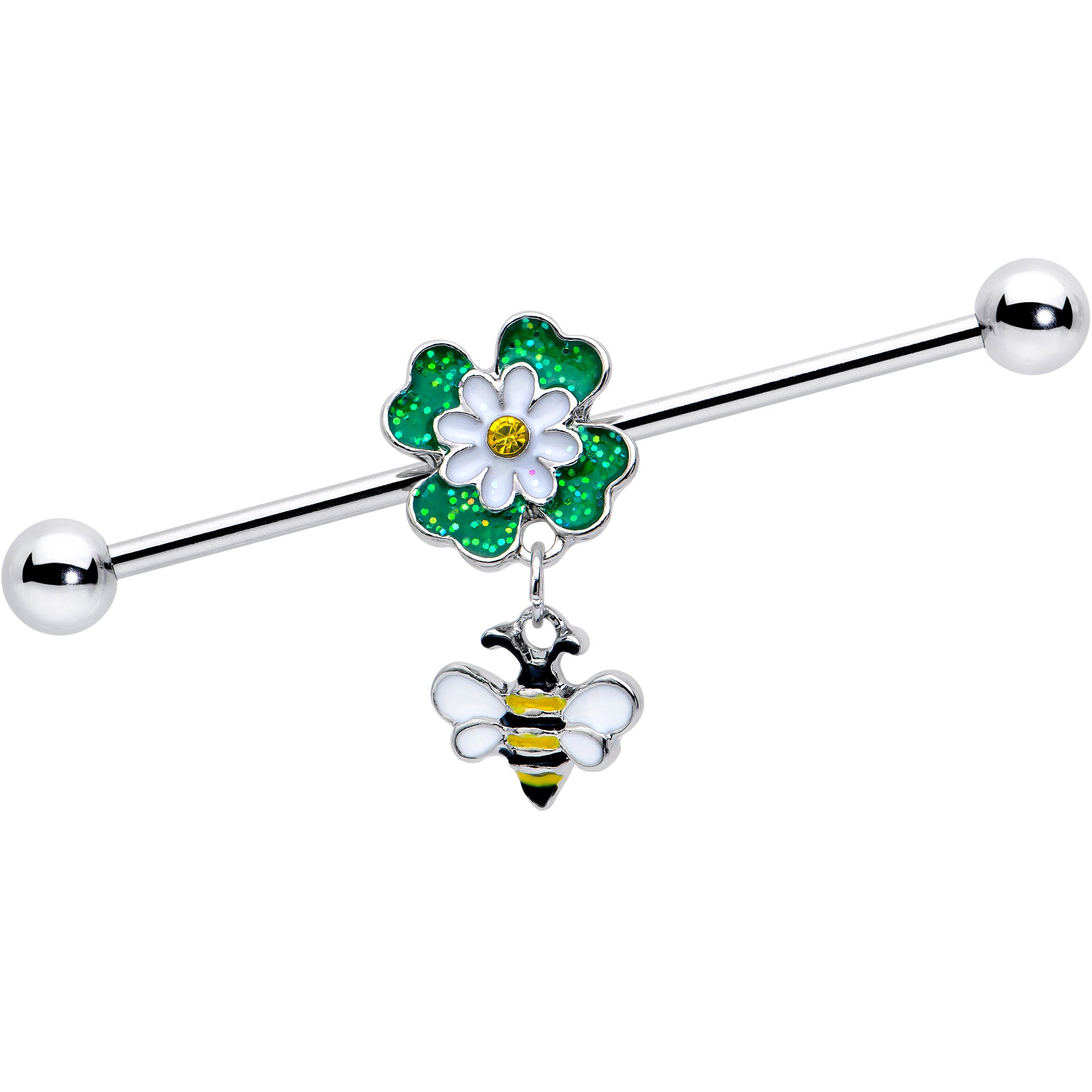 14 Gauge Yellow Gem Daisy Bee Glittery Dangle Industrial Barbell 38mm