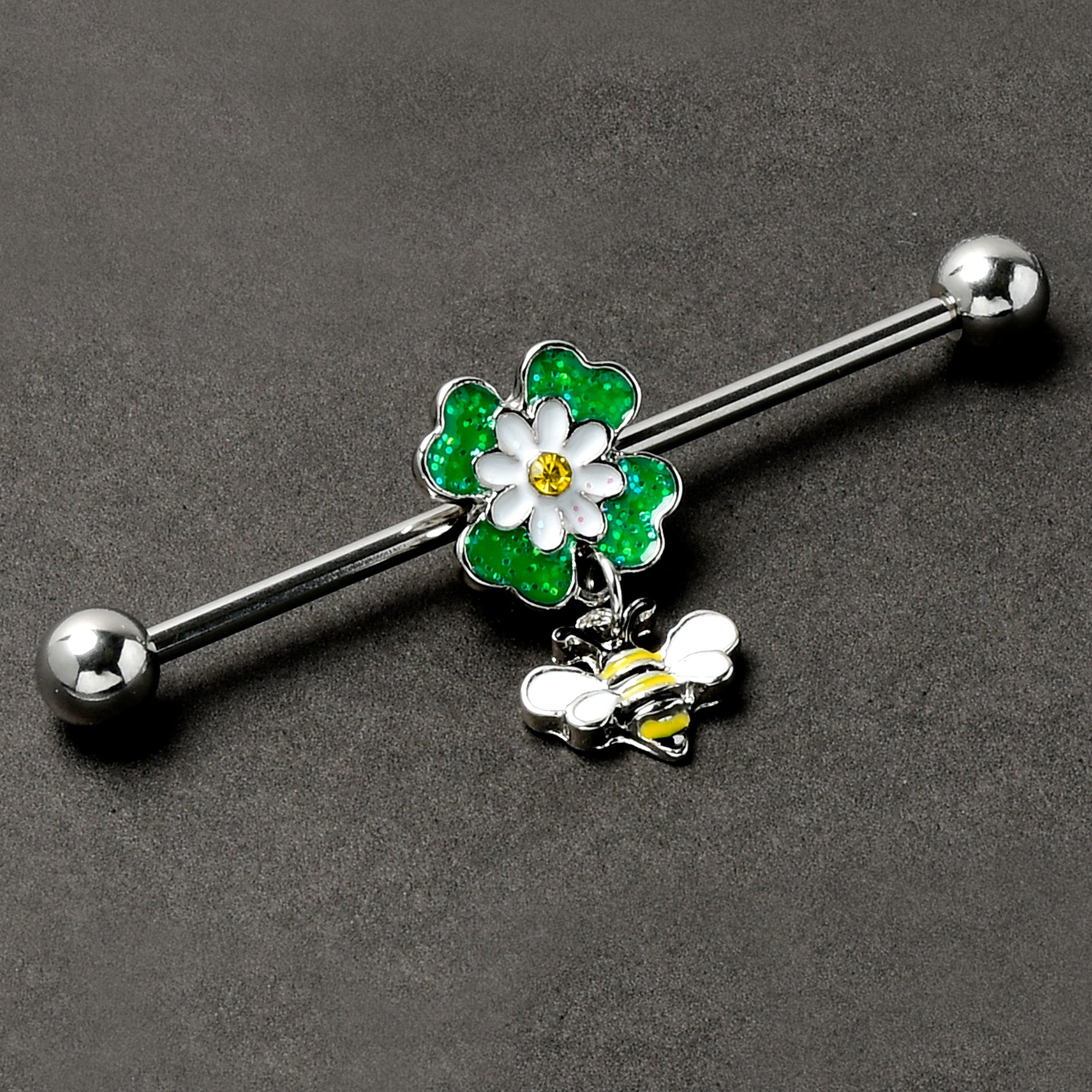 14 Gauge Yellow Gem Daisy Bee Glittery Dangle Industrial Barbell 38mm