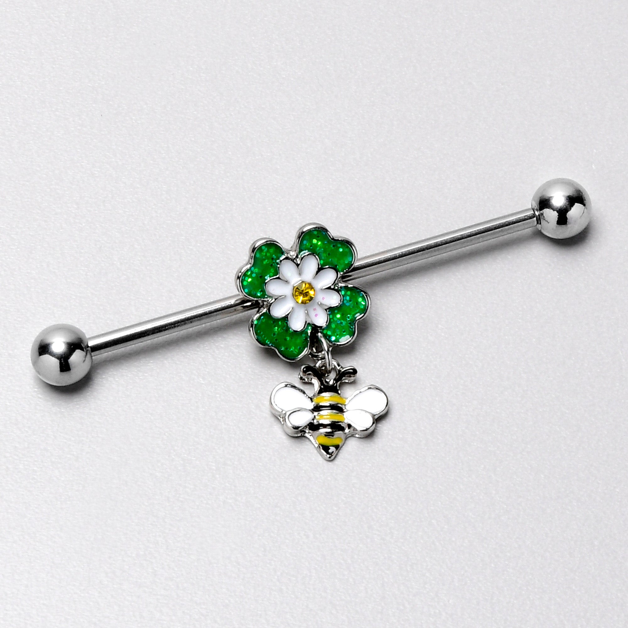 14 Gauge Yellow Gem Daisy Bee Glittery Dangle Industrial Barbell 38mm