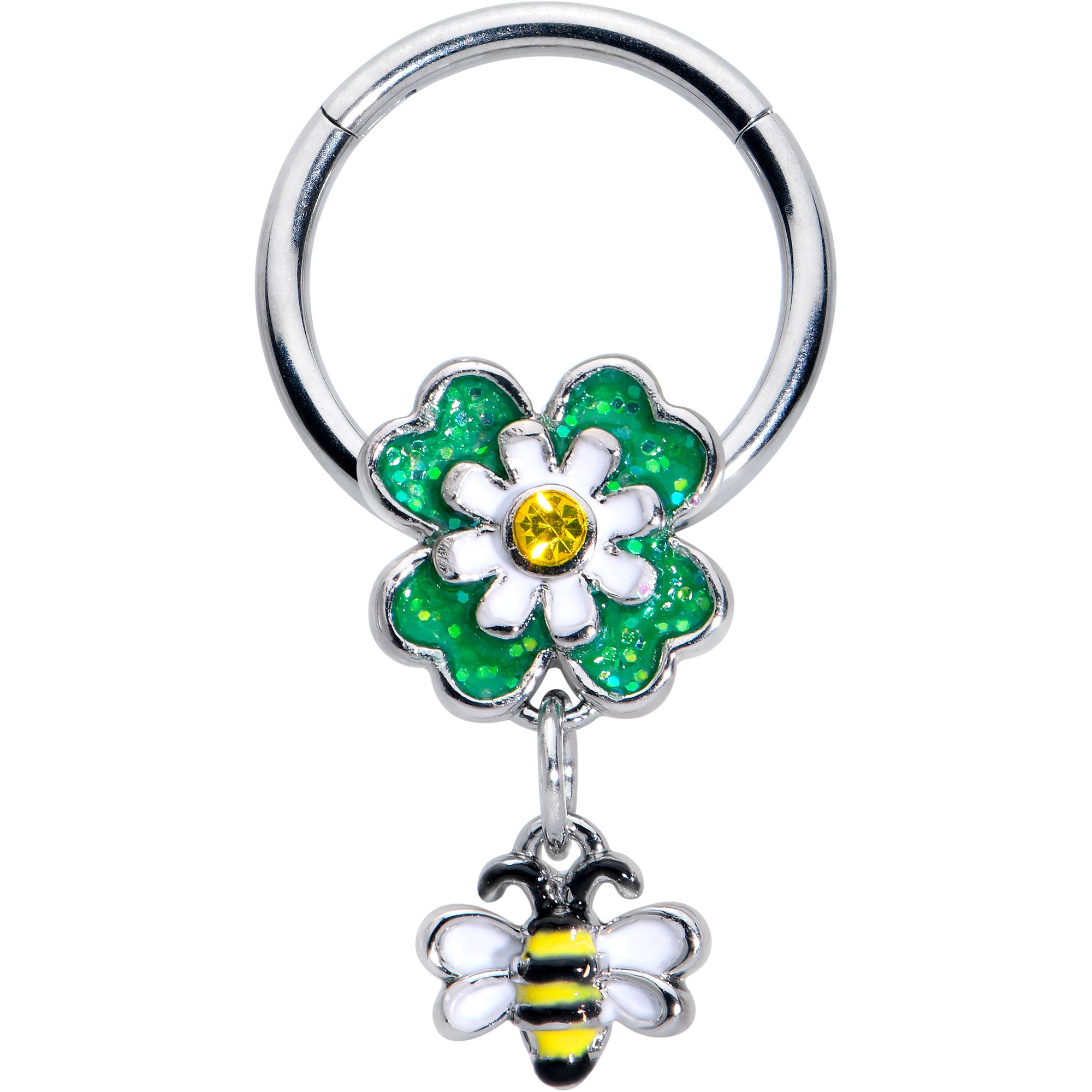 16 Gauge 3/8 Yellow Gem Daisy Bee Glitter Dangle Hinged Segment Ring