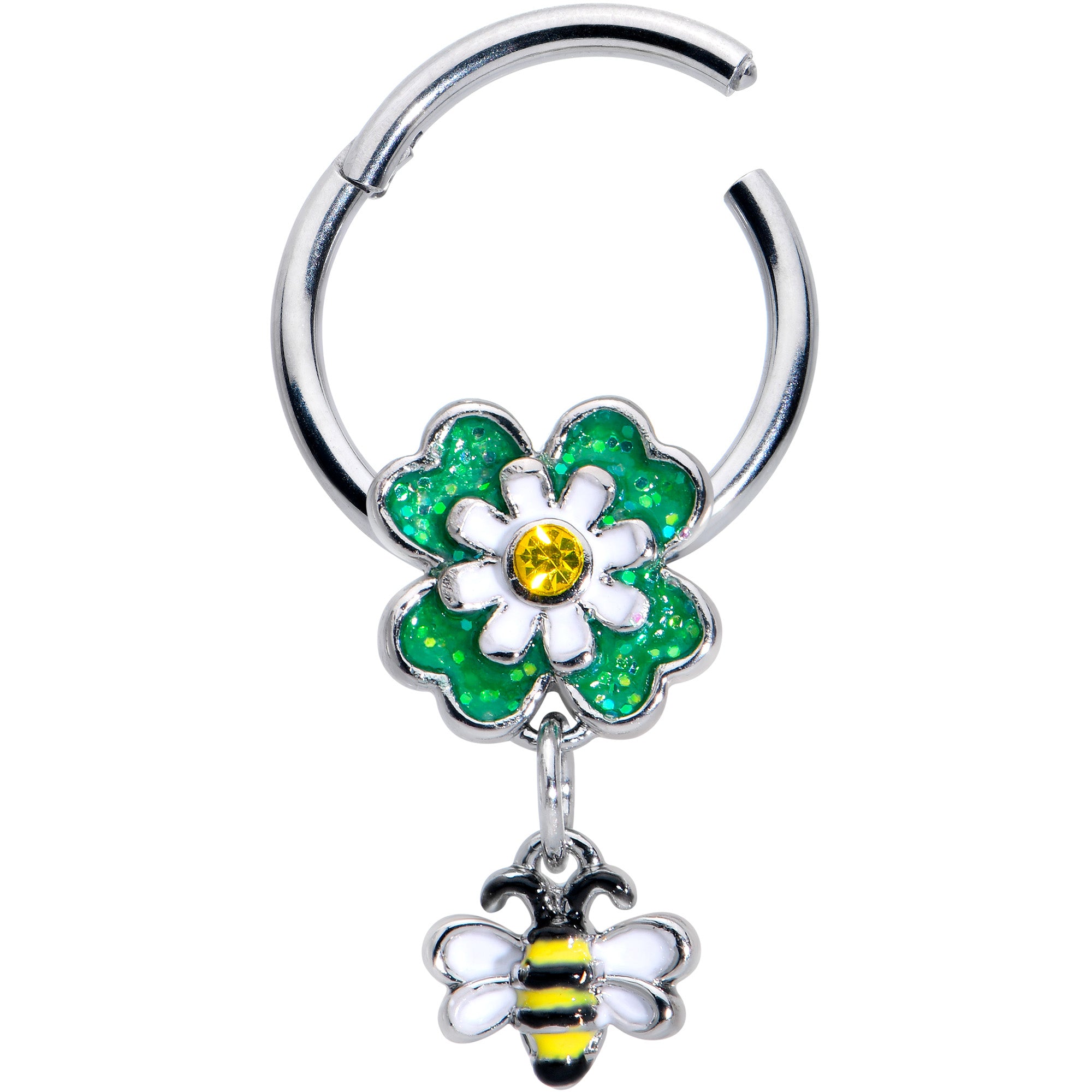 16 Gauge 3/8 Yellow Gem Daisy Bee Glitter Dangle Hinged Segment Ring