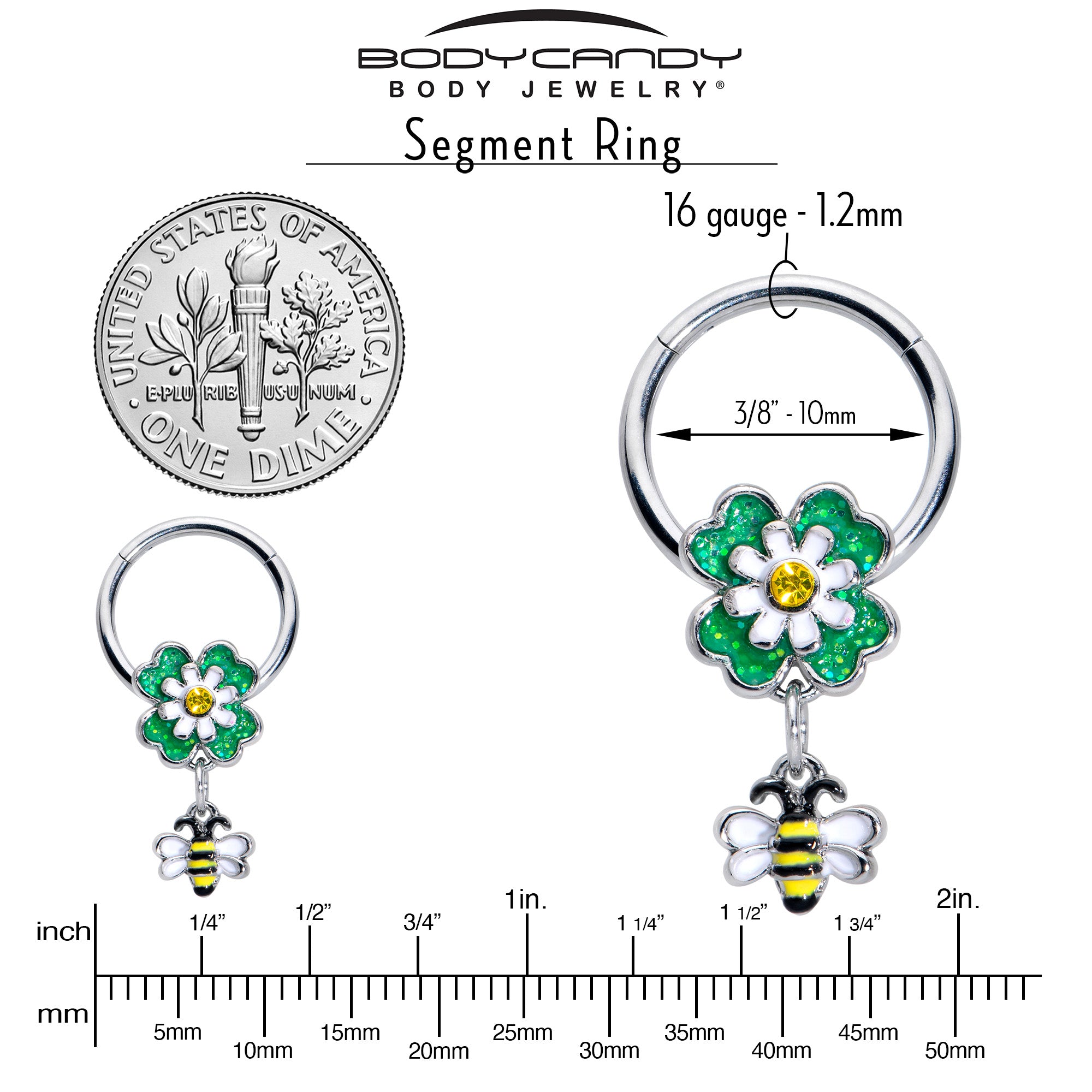 16 Gauge 3/8 Yellow Gem Daisy Bee Glitter Dangle Hinged Segment Ring