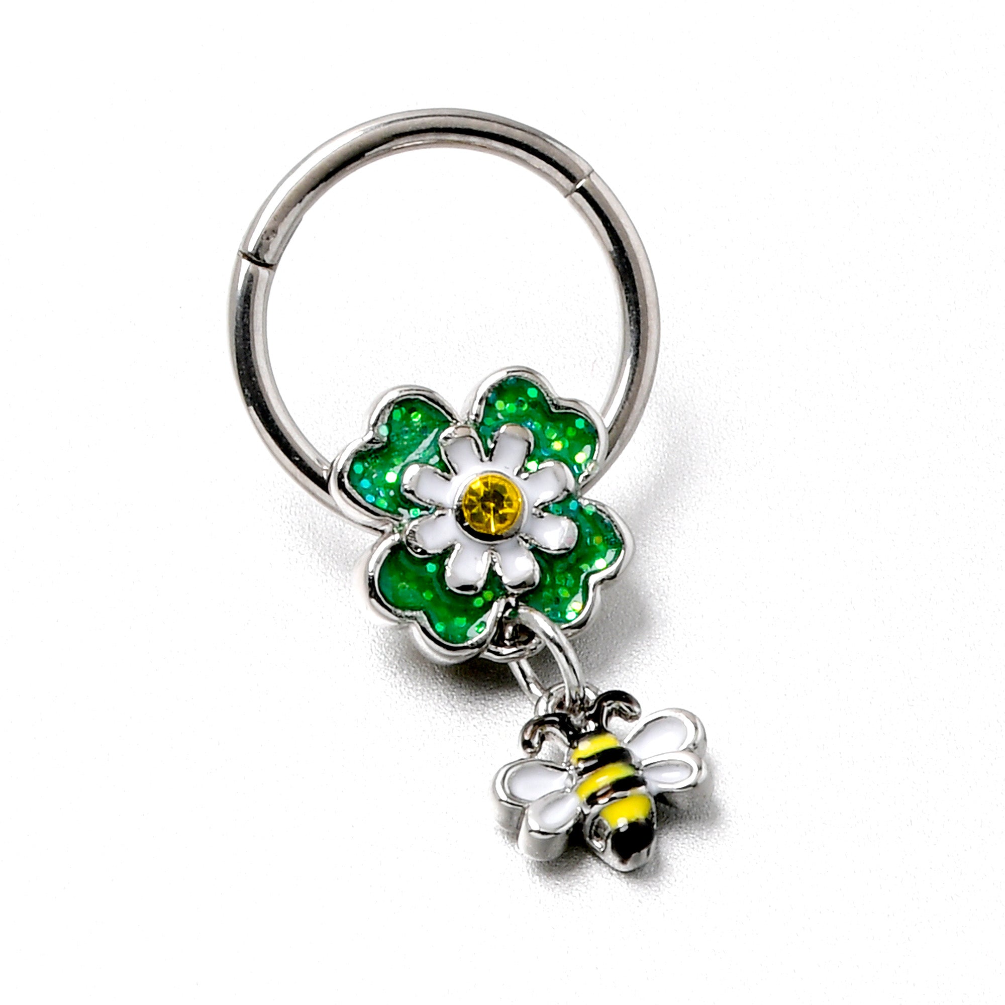 16 Gauge 3/8 Yellow Gem Daisy Bee Glitter Dangle Hinged Segment Ring