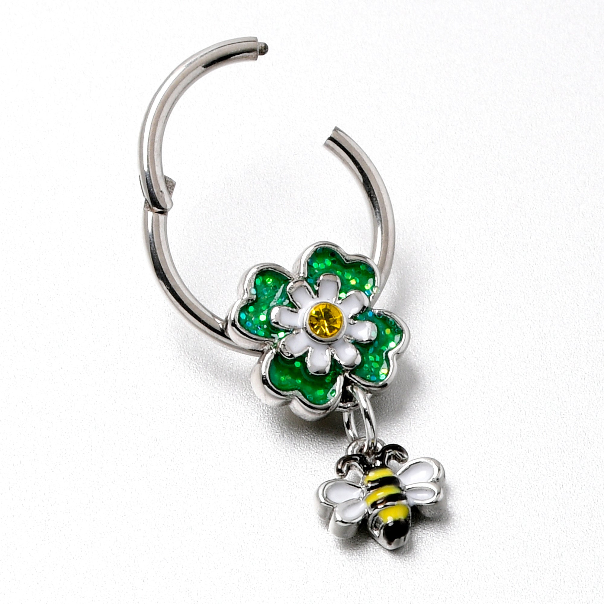 16 Gauge 3/8 Yellow Gem Daisy Bee Glitter Dangle Hinged Segment Ring