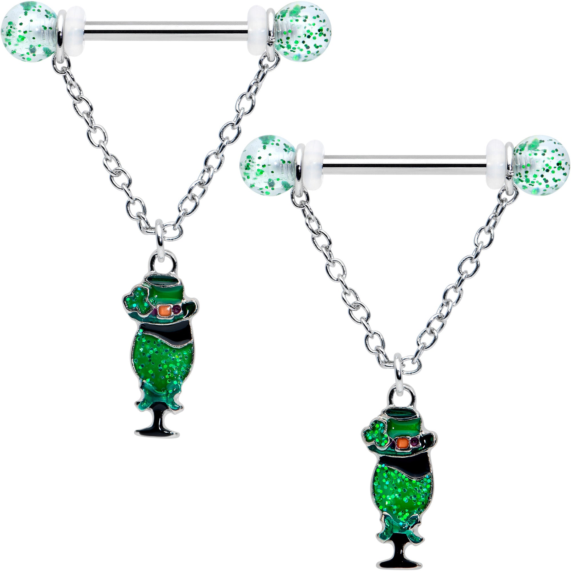 14 Gauge 9/16 Fancy Leprechaun St Patricks Chain Dangle Nipple Ring Set