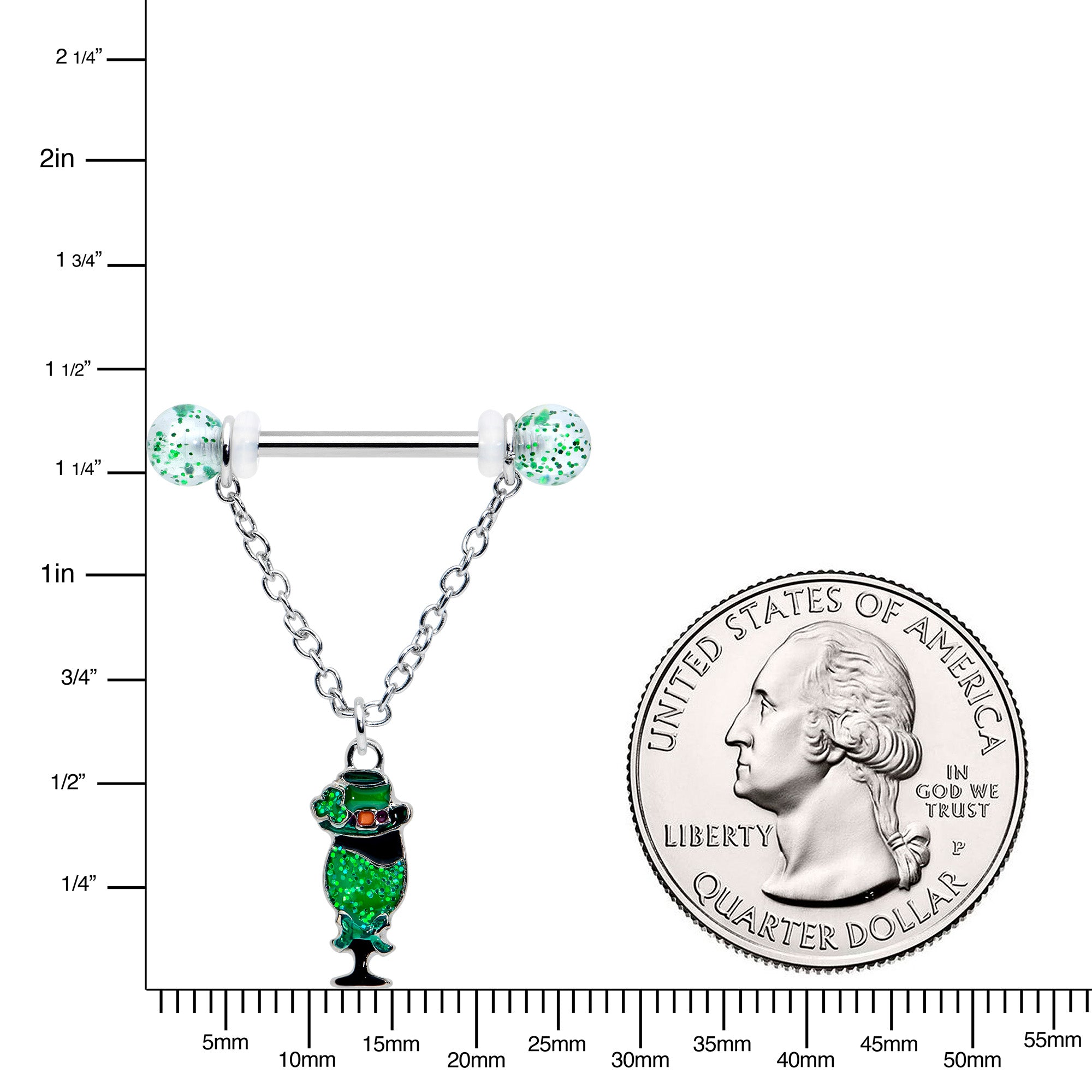 14 Gauge 9/16 Fancy Leprechaun St Patricks Chain Dangle Nipple Ring Set