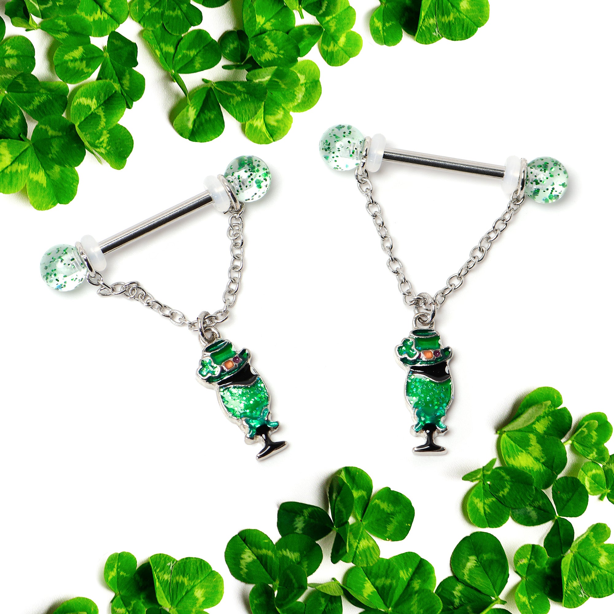 14 Gauge 9/16 Fancy Leprechaun St Patricks Chain Dangle Nipple Ring Set