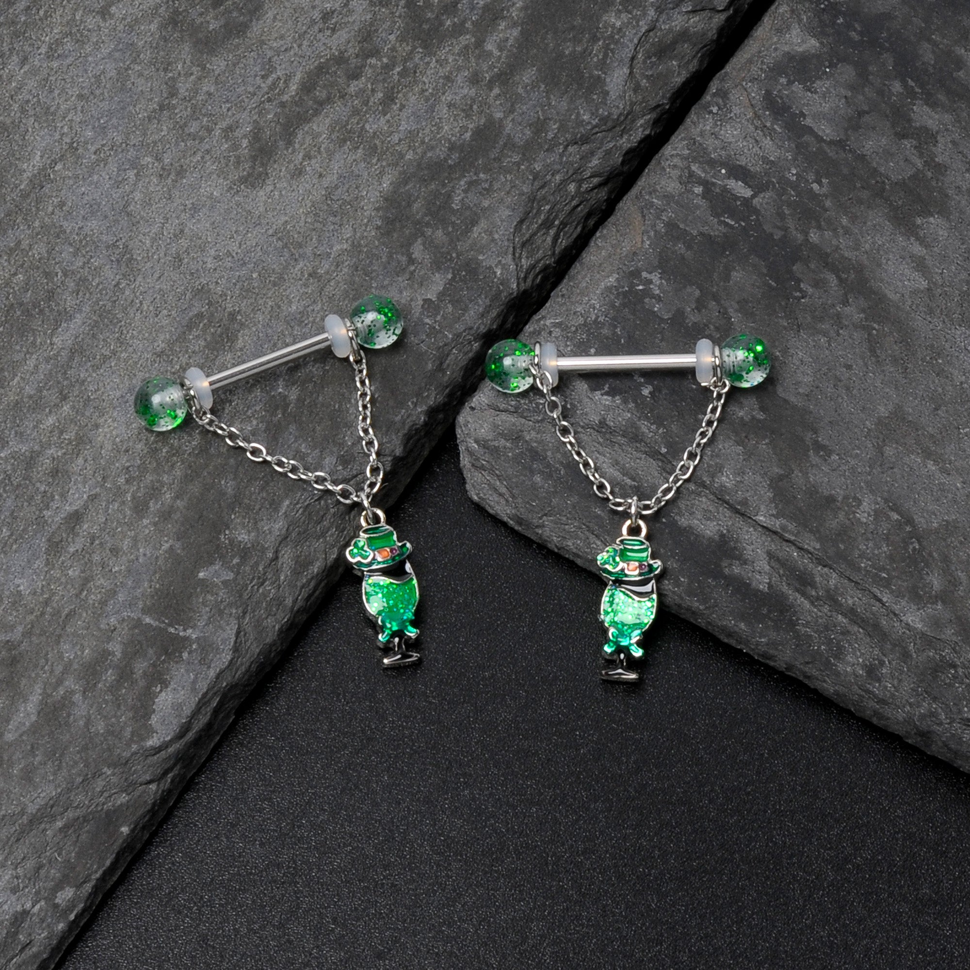 14 Gauge 9/16 Fancy Leprechaun St Patricks Chain Dangle Nipple Ring Set