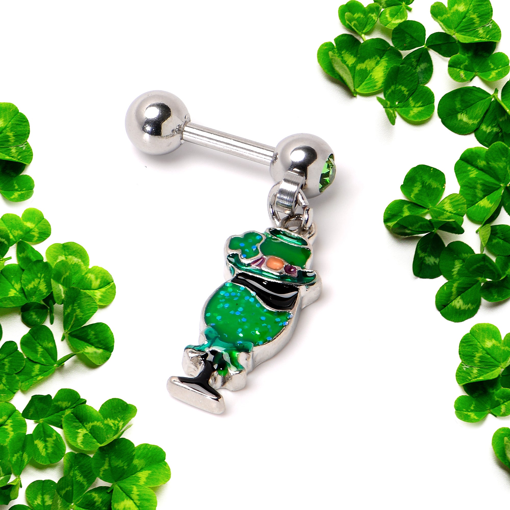 16 Gauge 1/4 Green Gem Fancy Leprechaun Dangle Cartilage Tragus Earring