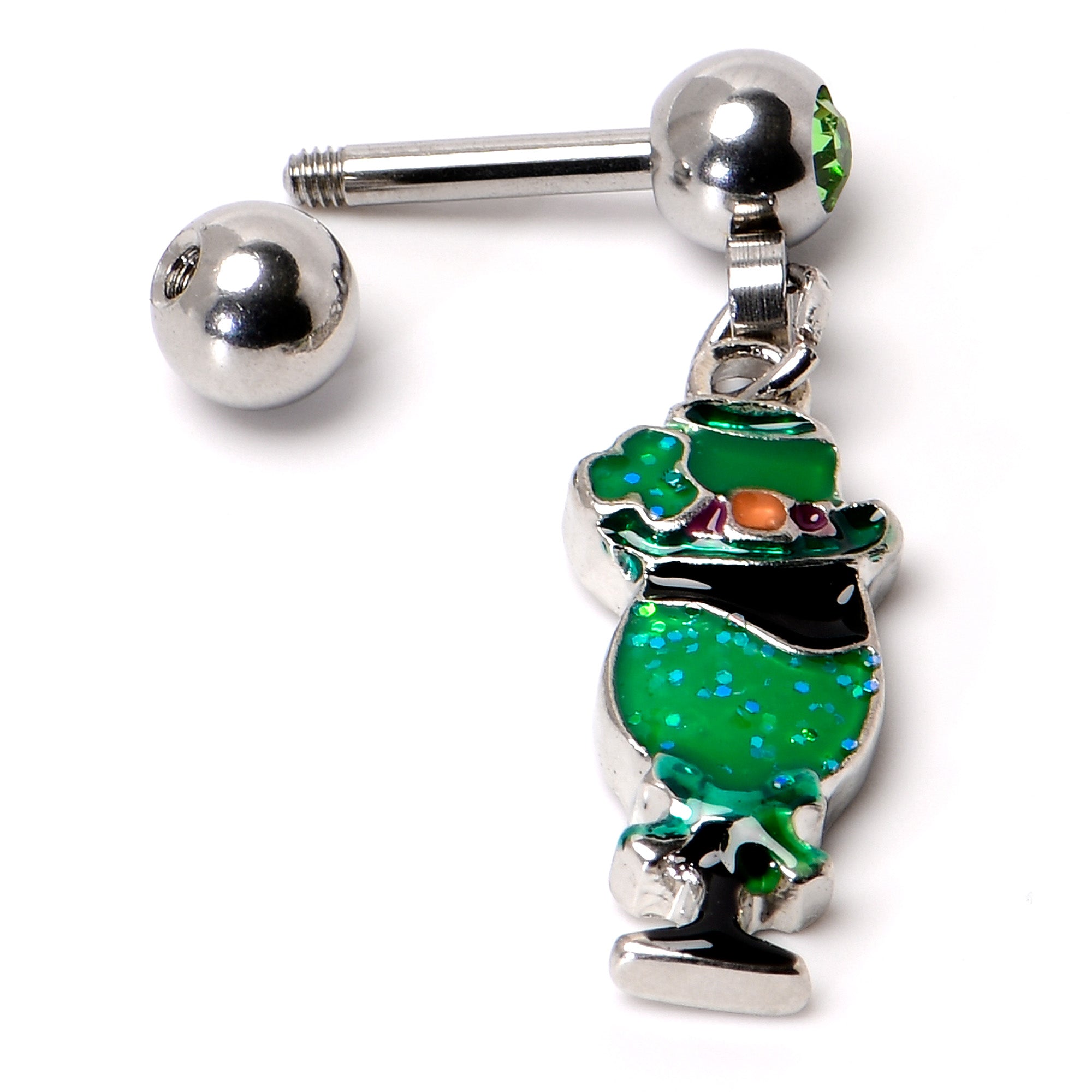 16 Gauge 1/4 Green Gem Fancy Leprechaun Dangle Cartilage Tragus Earring