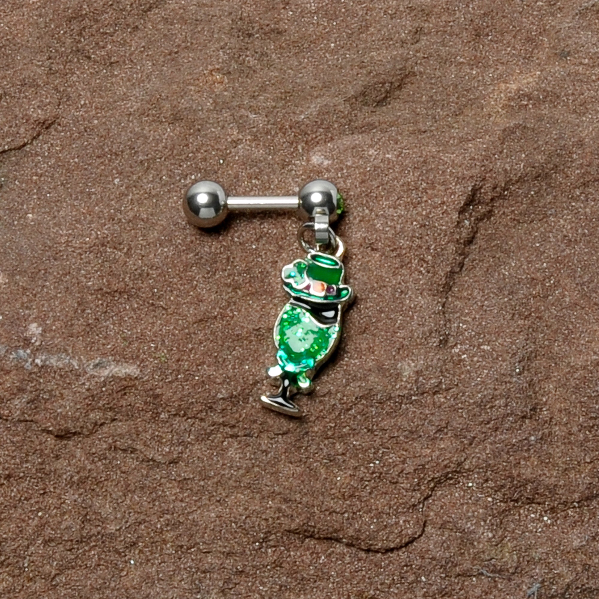 16 Gauge 1/4 Green Gem Fancy Leprechaun Dangle Cartilage Tragus Earring