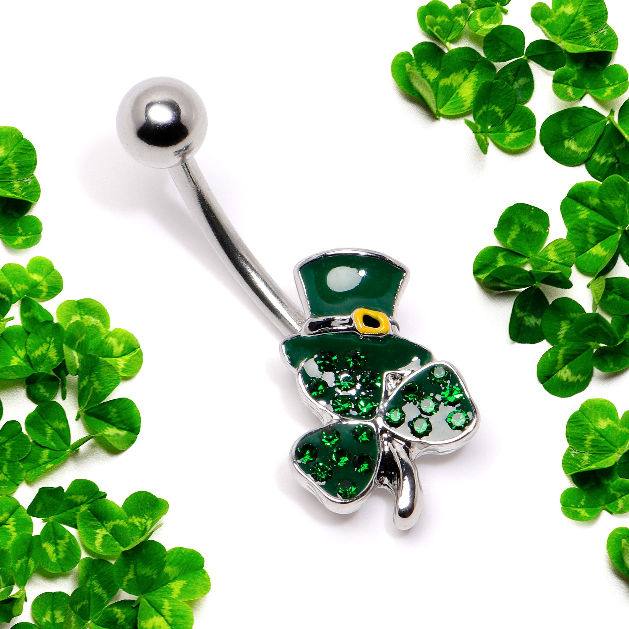 Green Gem Top Hat Shamrock St Patricks Belly Ring