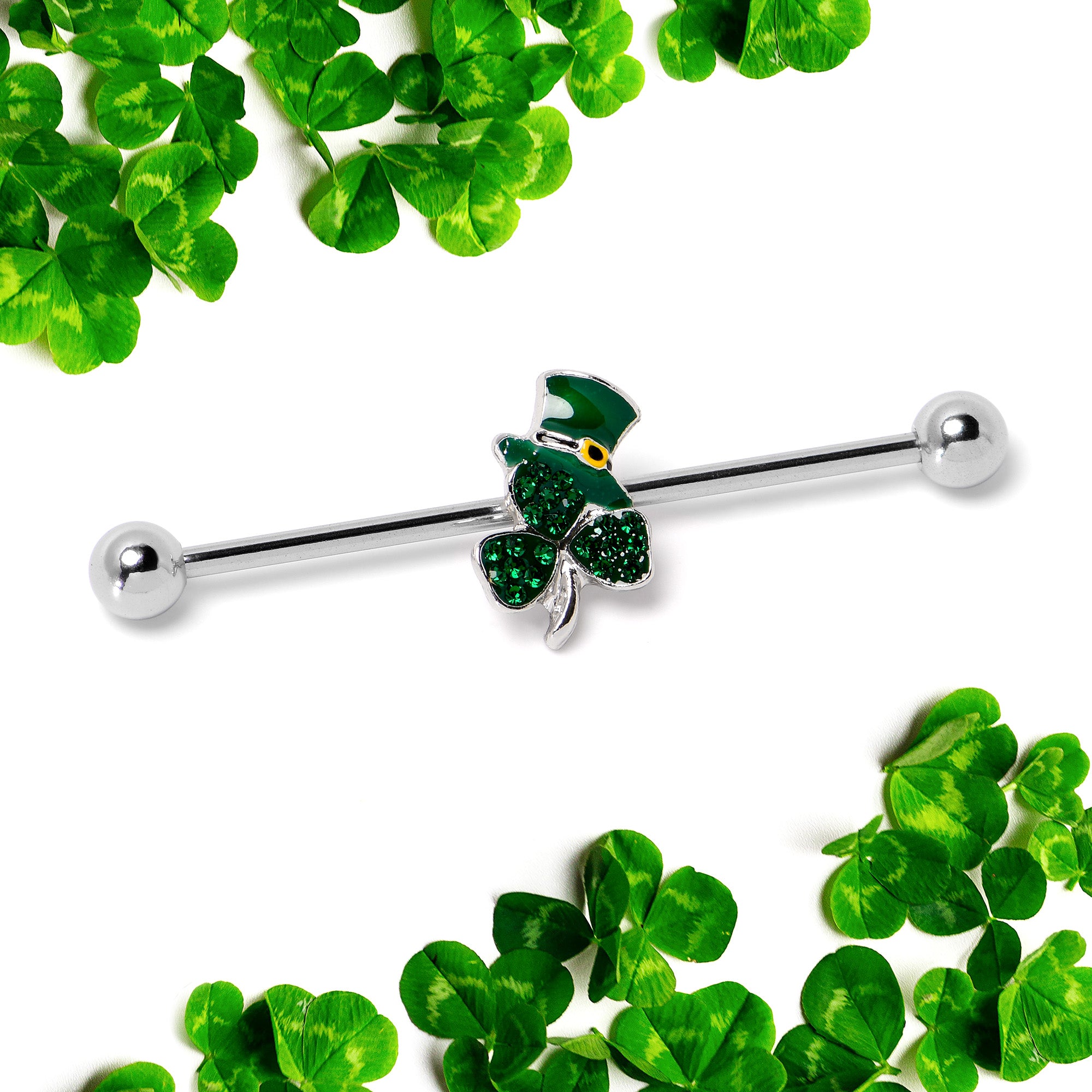 14 Gauge Green Gem Top Hat Shamrock St Patricks Industrial Barbell 38mm